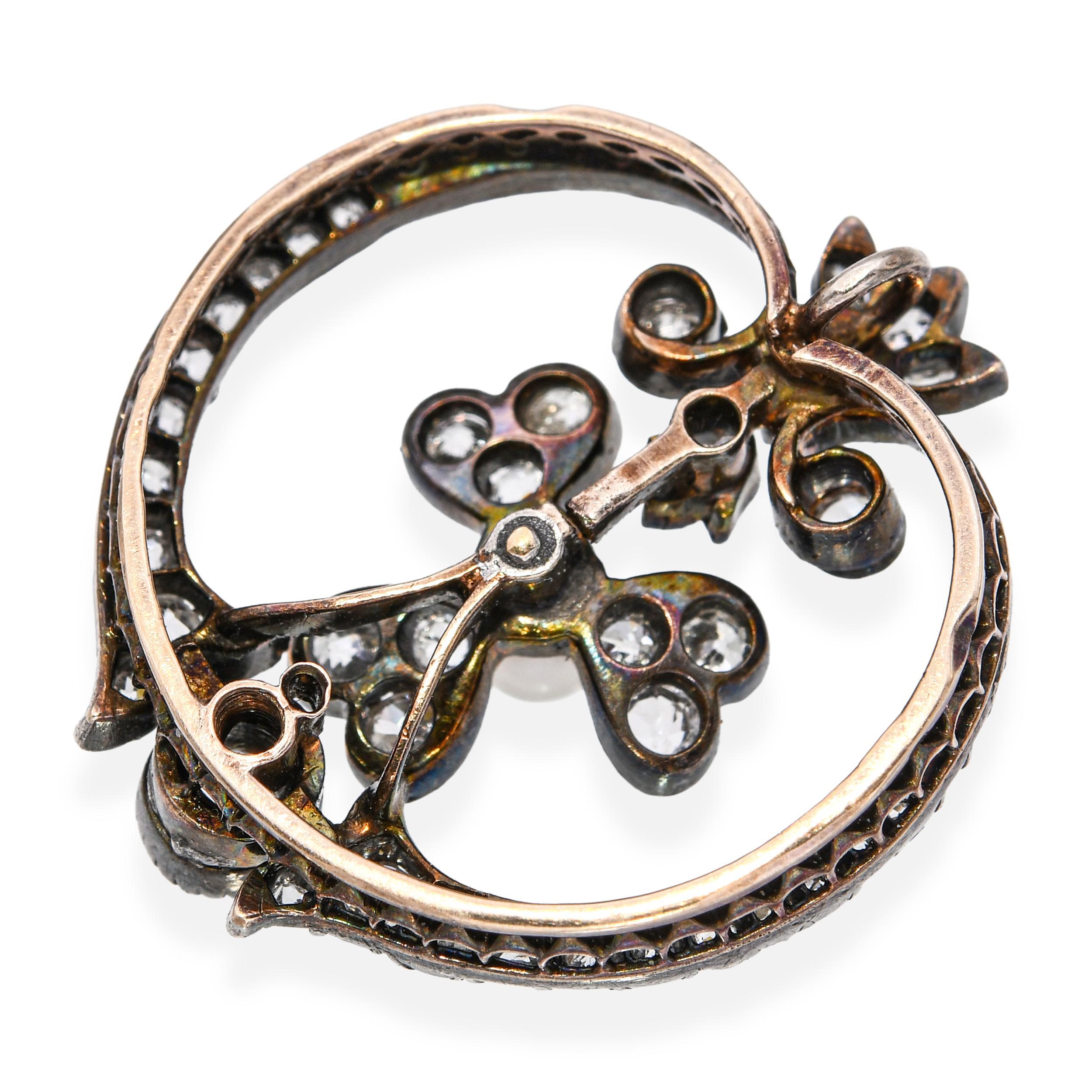 Taille vieille Europe Pendentif ancien édouardien en or jaune et argent avec diamant et perle naturelle en vente