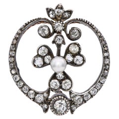 Antique Edwardian Yellow Gold and Silver Top Diamond & Natural Pearl Pendant
