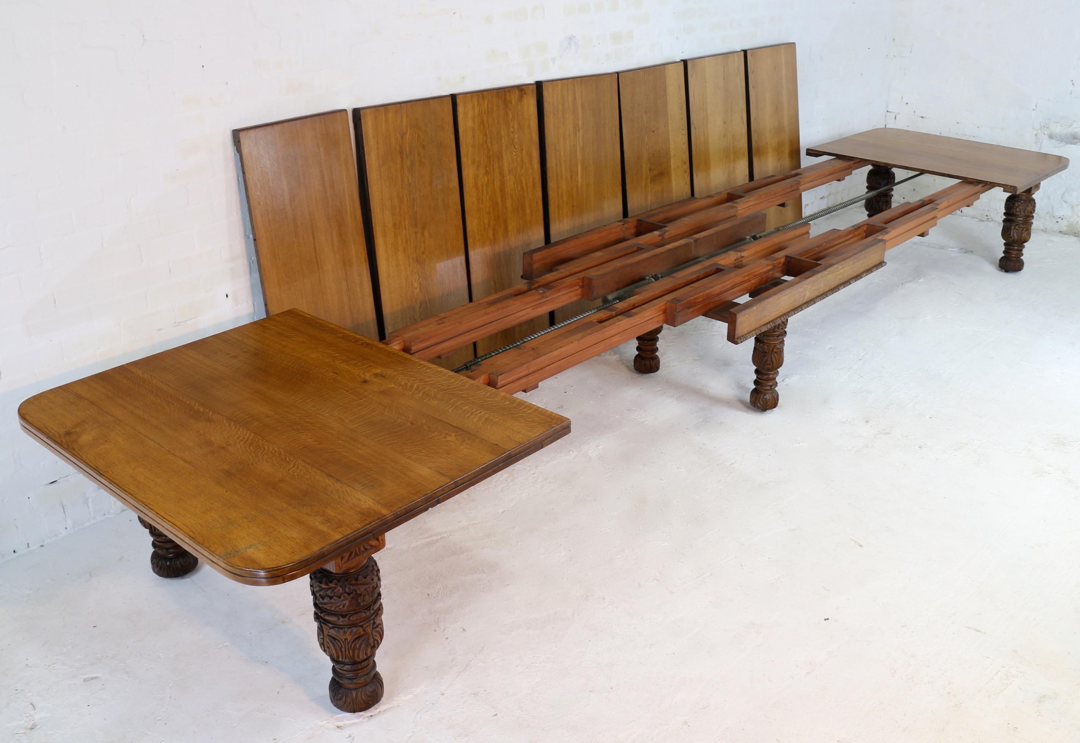 19th Century Antique Edwards & Roberts Victorian Oak Extending Dining Table and 7 Leaves