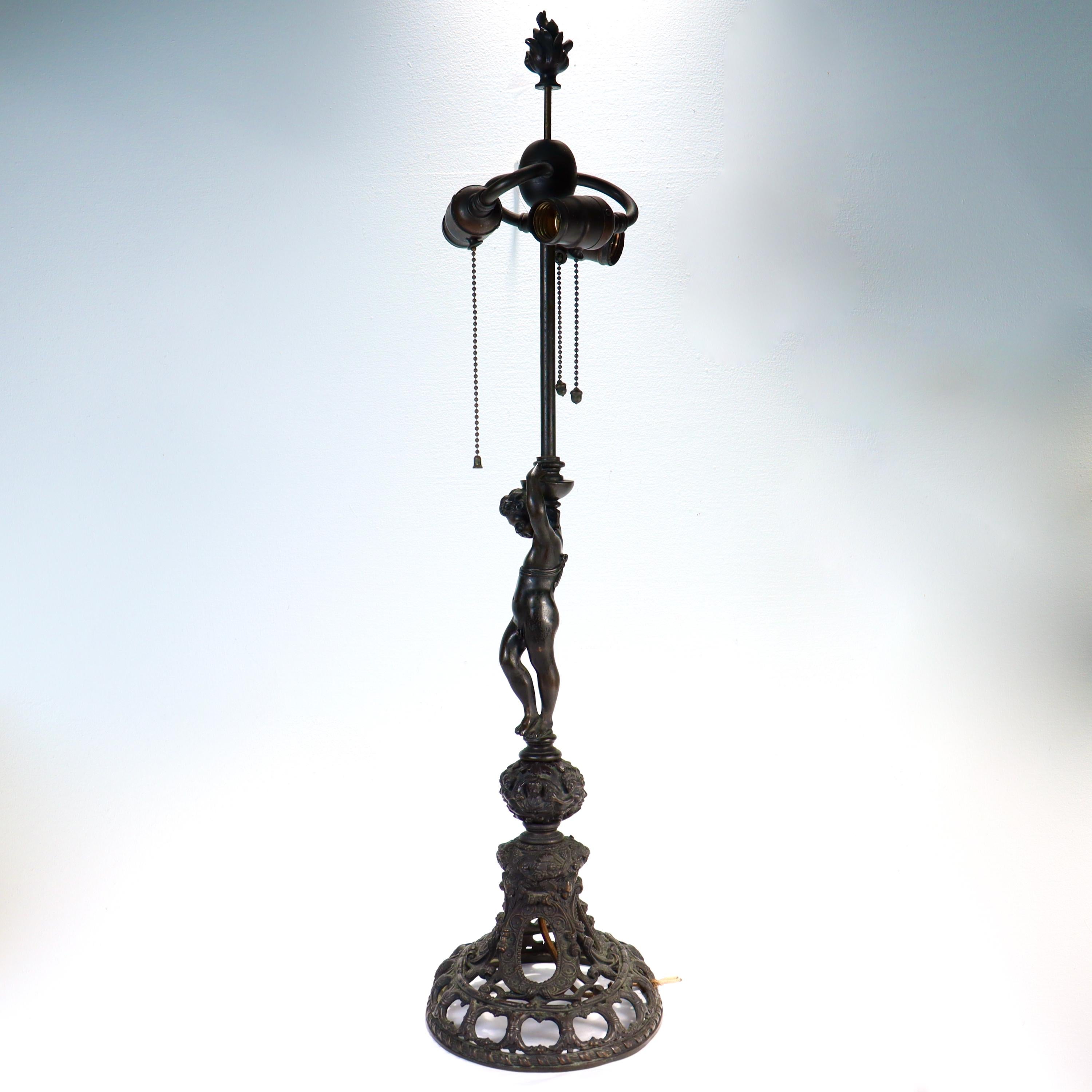 Edwardian Antique E.F. Caldwell Bronze Table Lamp with Cherub For Sale