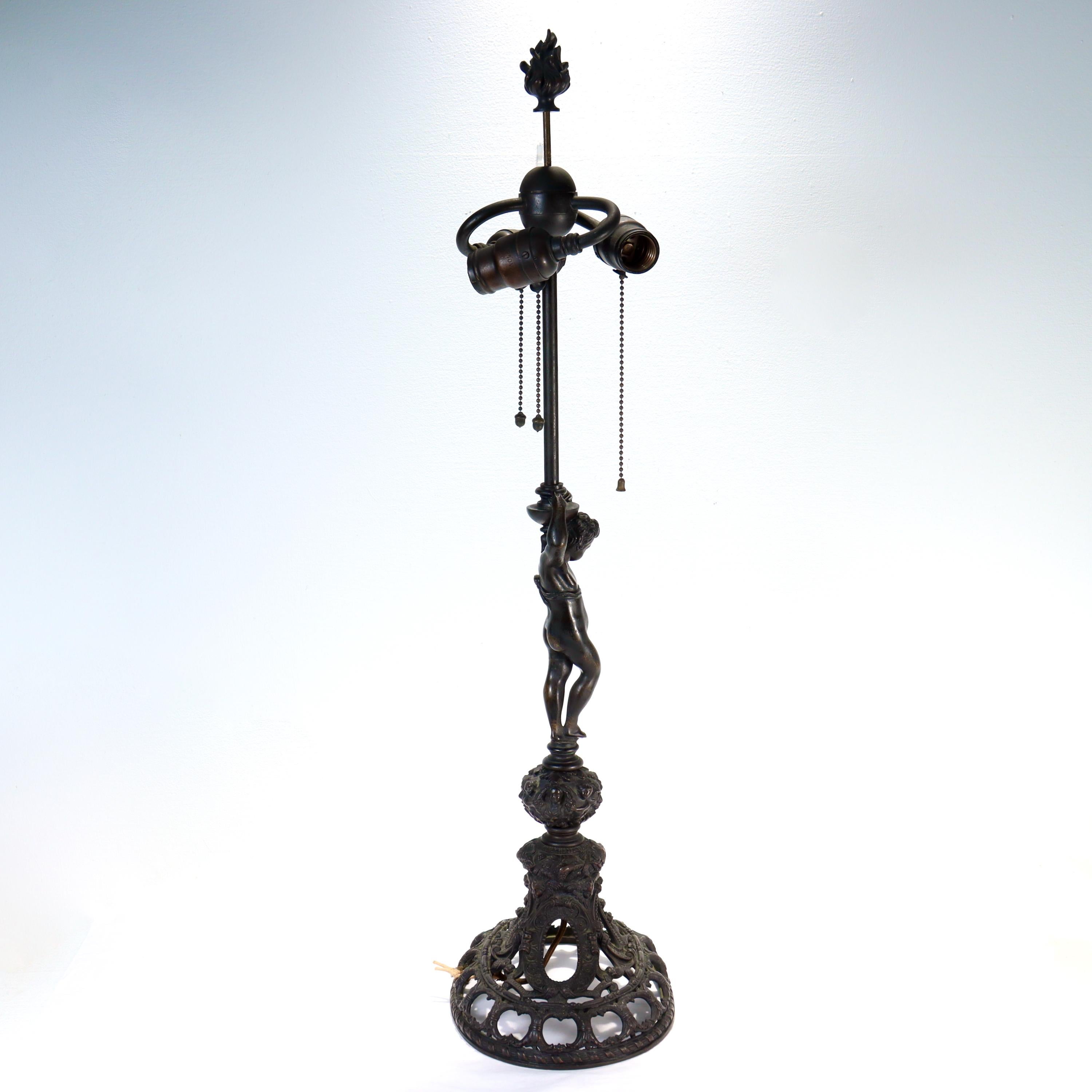 Antique E.F. Caldwell Bronze Table Lamp with Cherub In Good Condition For Sale In Philadelphia, PA