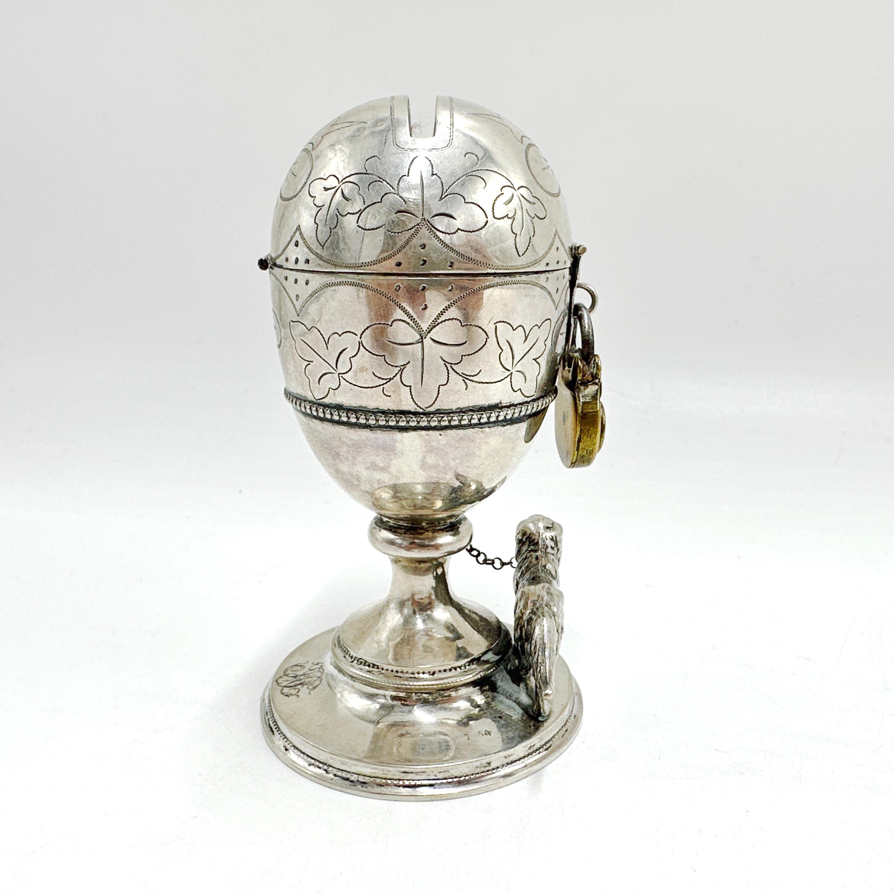 Antique Egg Shaped 750 Silver Piggy Bank with Guard Dog and Lock 6