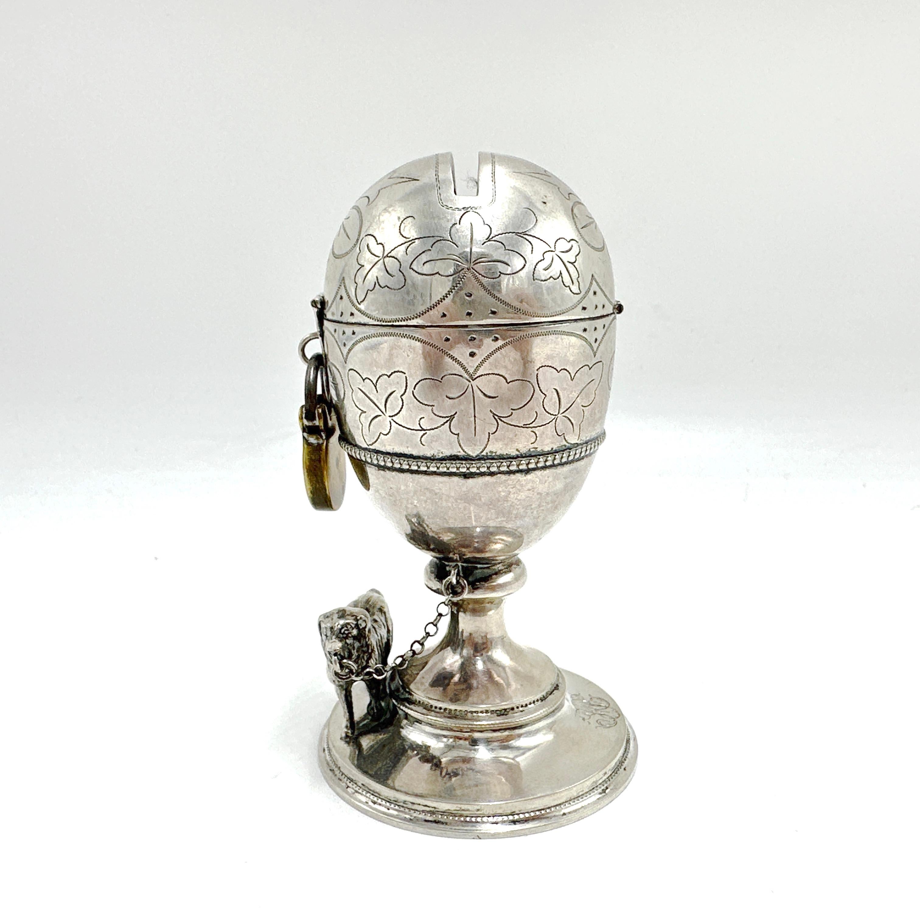 Antique Egg Shaped 750 Silver Piggy Bank with Guard Dog and Lock 8