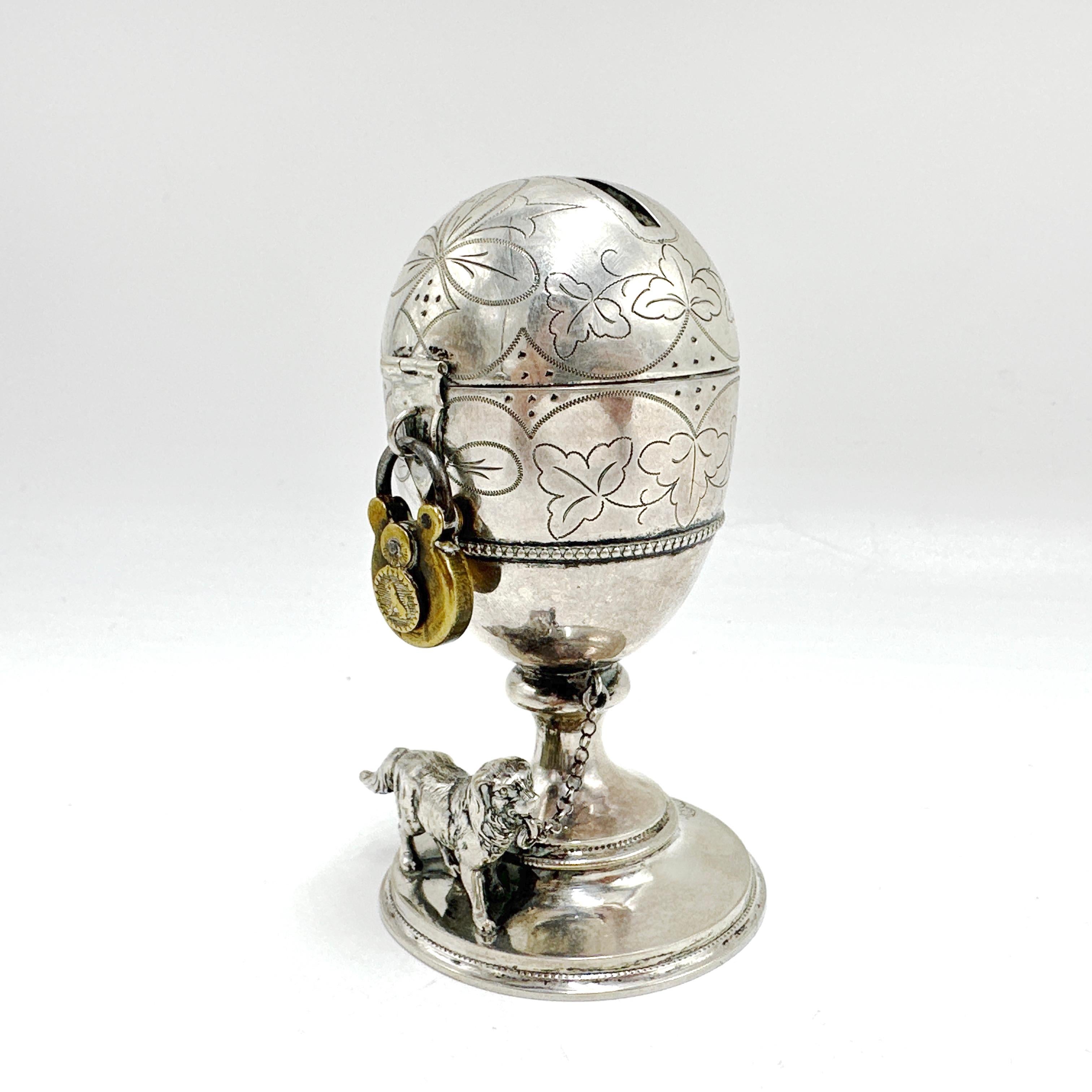 Antique Egg Shaped 750 Silver Piggy Bank with Guard Dog and Lock 9