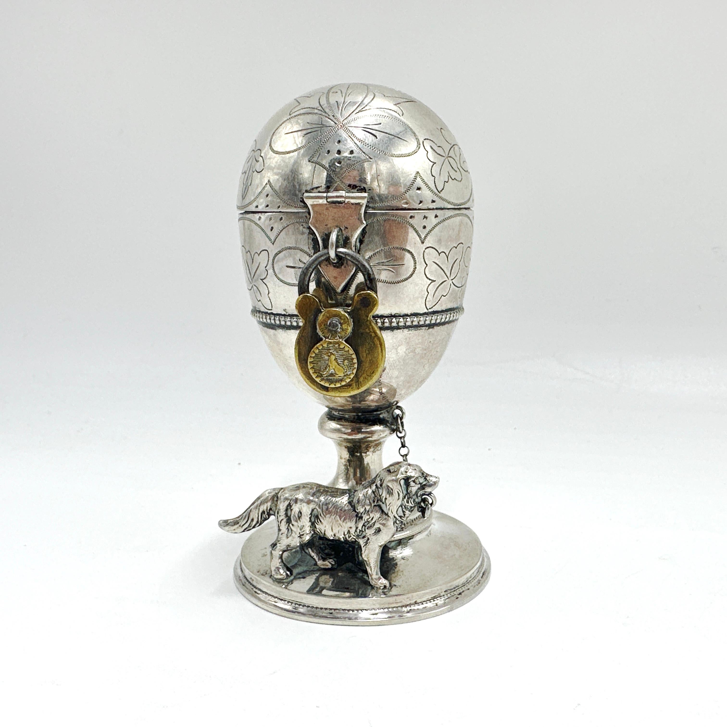 Antique Egg Shaped 750 Silver Piggy Bank with Guard Dog and Lock 10