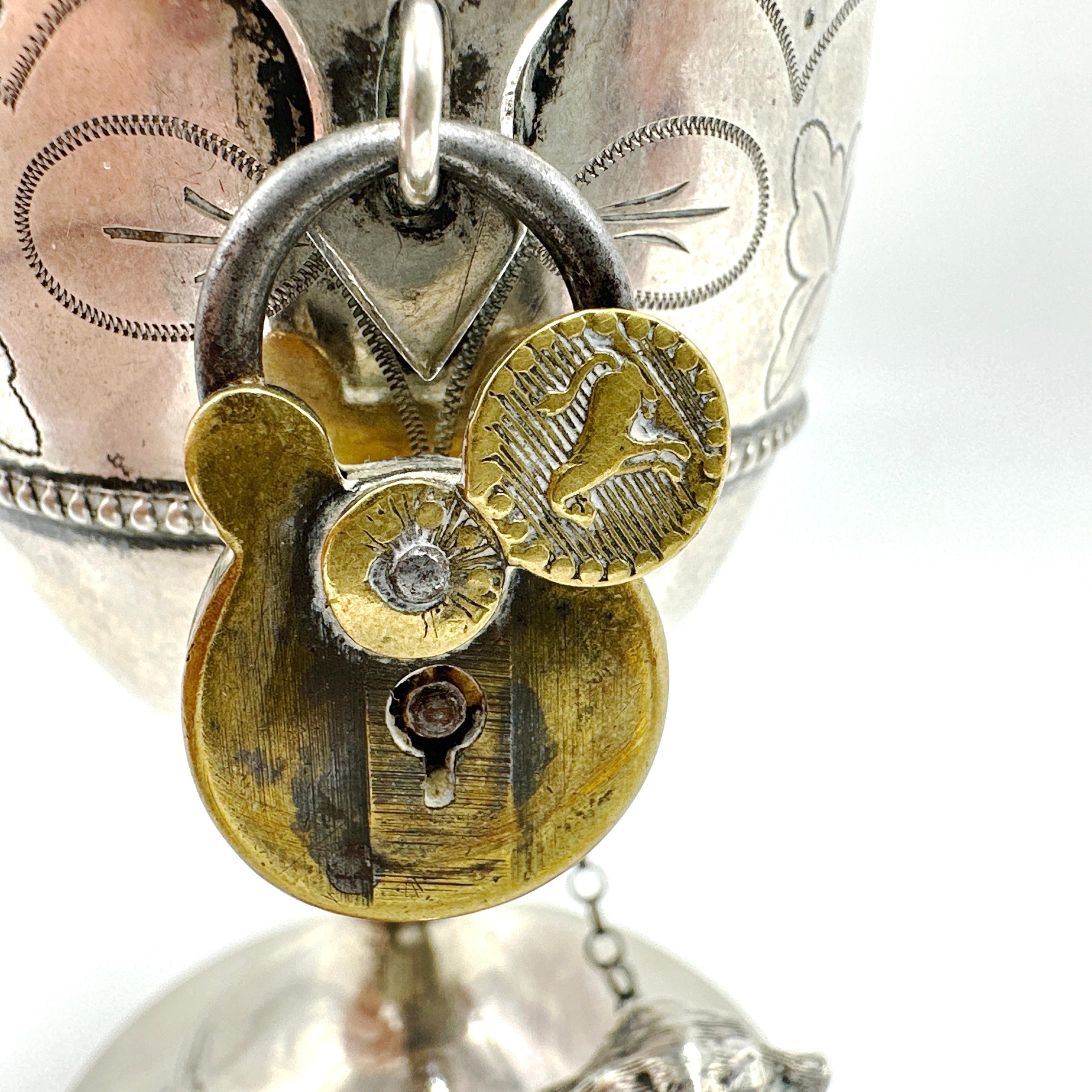 American Antique Egg Shaped 750 Silver Piggy Bank with Guard Dog and Lock