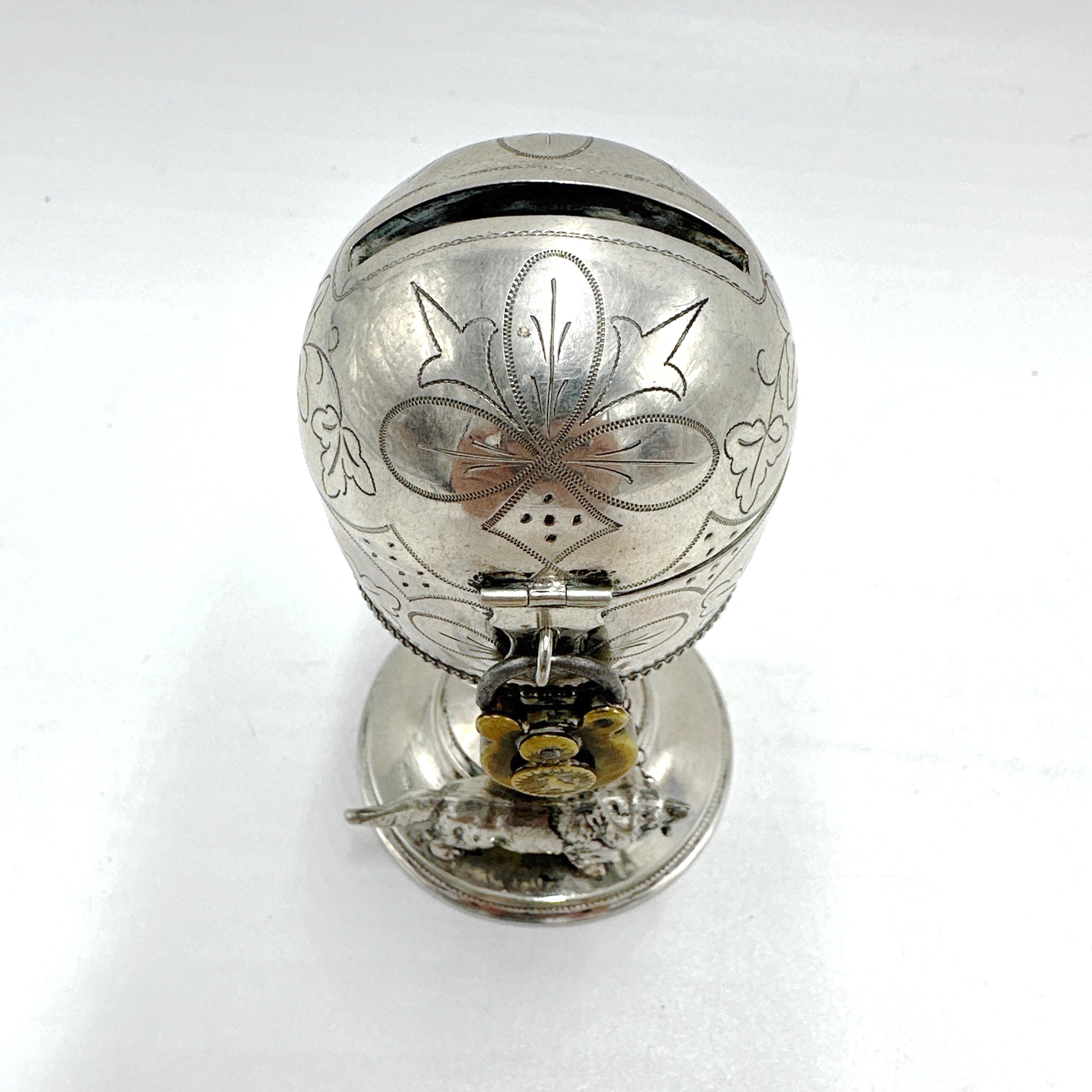 19th Century Antique Egg Shaped 750 Silver Piggy Bank with Guard Dog and Lock
