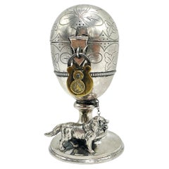 Antique Egg Shaped 750 Silver Piggy Bank with Guard Dog and Lock