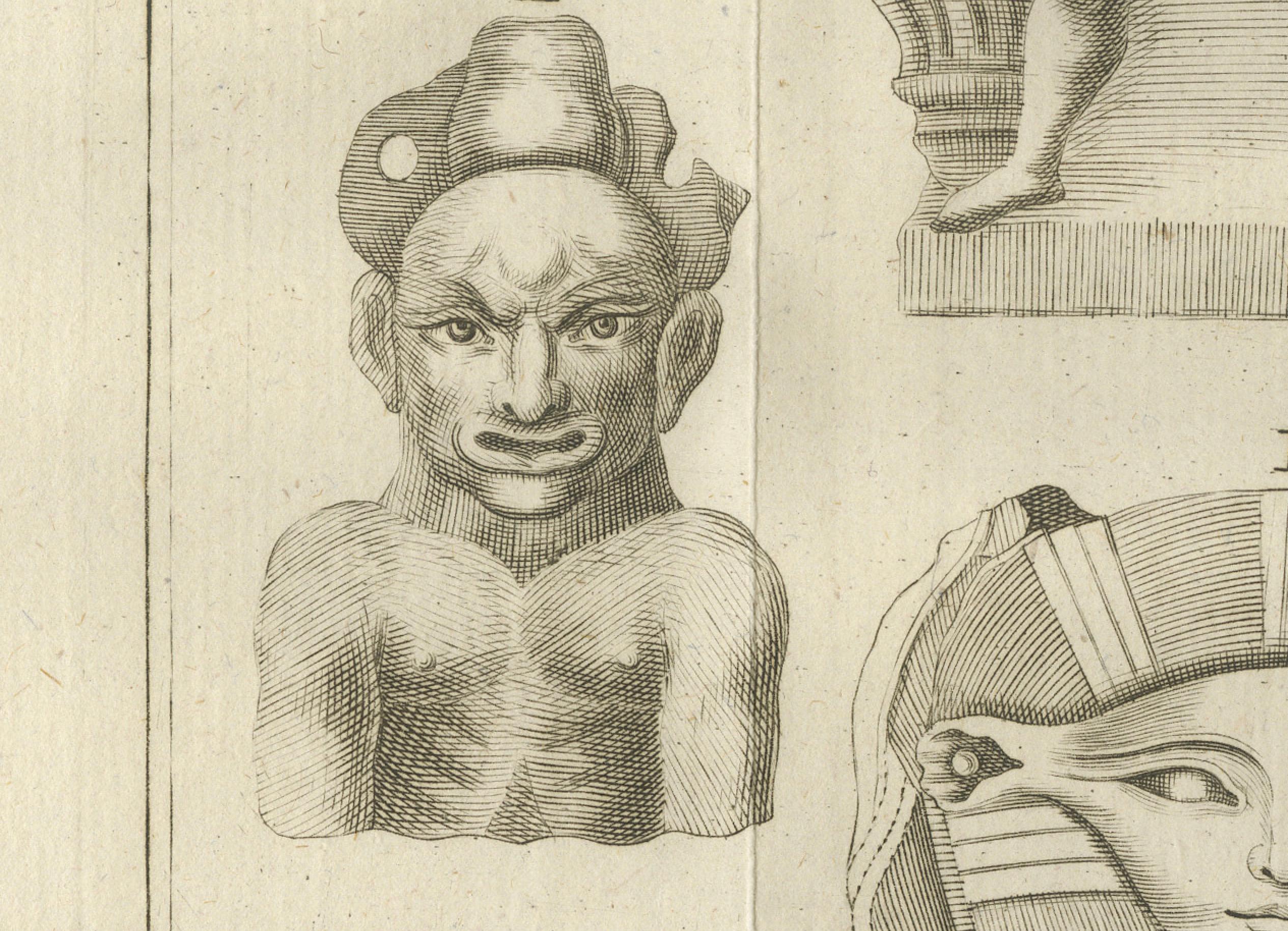 Título: Antiguas cabezas y figuras egipcias y grecorromanas - Grabado c.1776

Descripción:
Este detallado grabado antiguo presenta un fascinante conjunto de esculturas y cabezas antiguas originarias de Egipto, que reflejan influencias artísticas