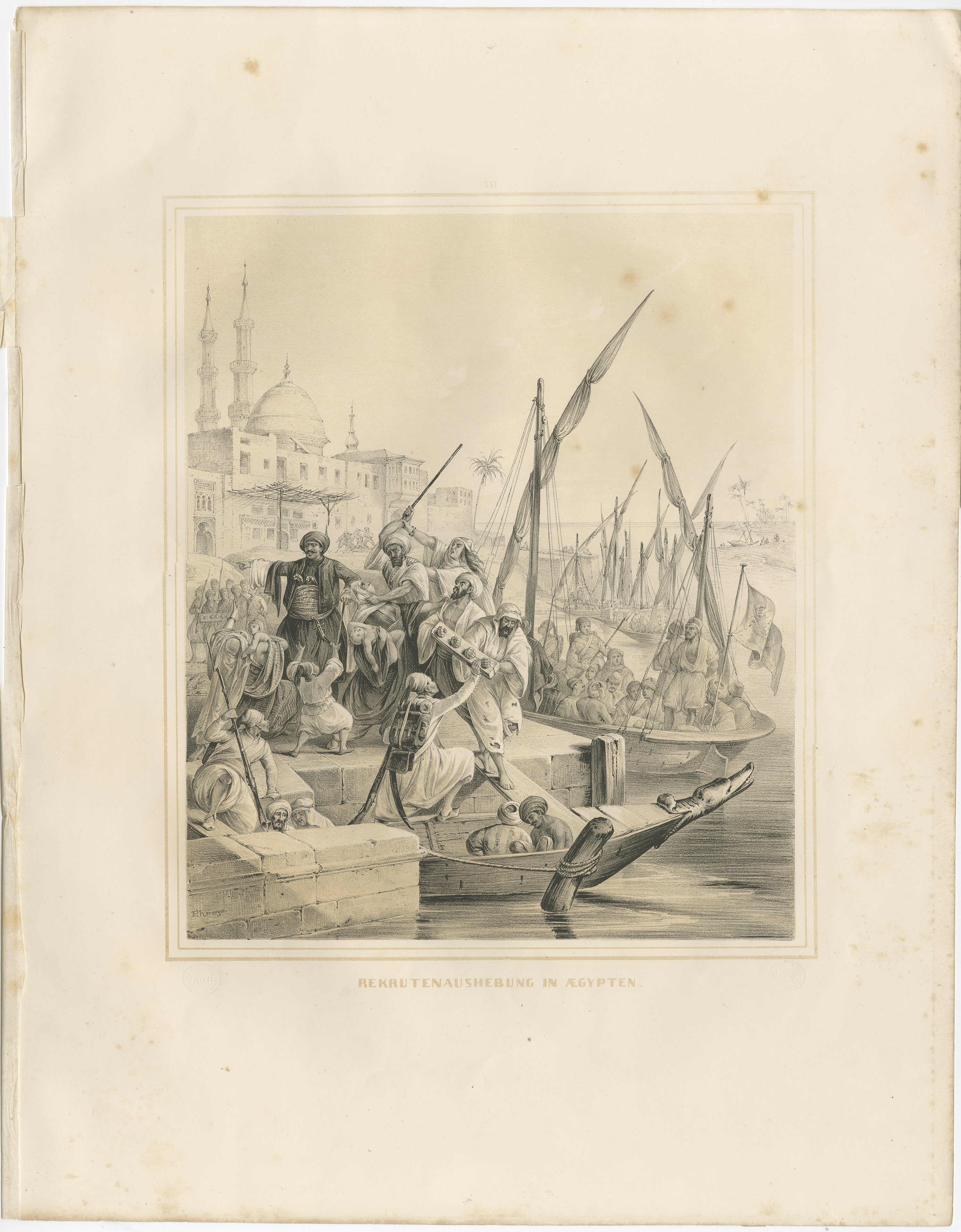 Antike ägyptische Armee Rekrutierung am Nilhafen von Maximilian, 1846

Dieser dramatische und historisch aussagekräftige orientalistische Stich aus dem 19. Jahrhundert zeigt die Zwangsrekrutierung ägyptischer Soldaten entlang des Nils und hält einen