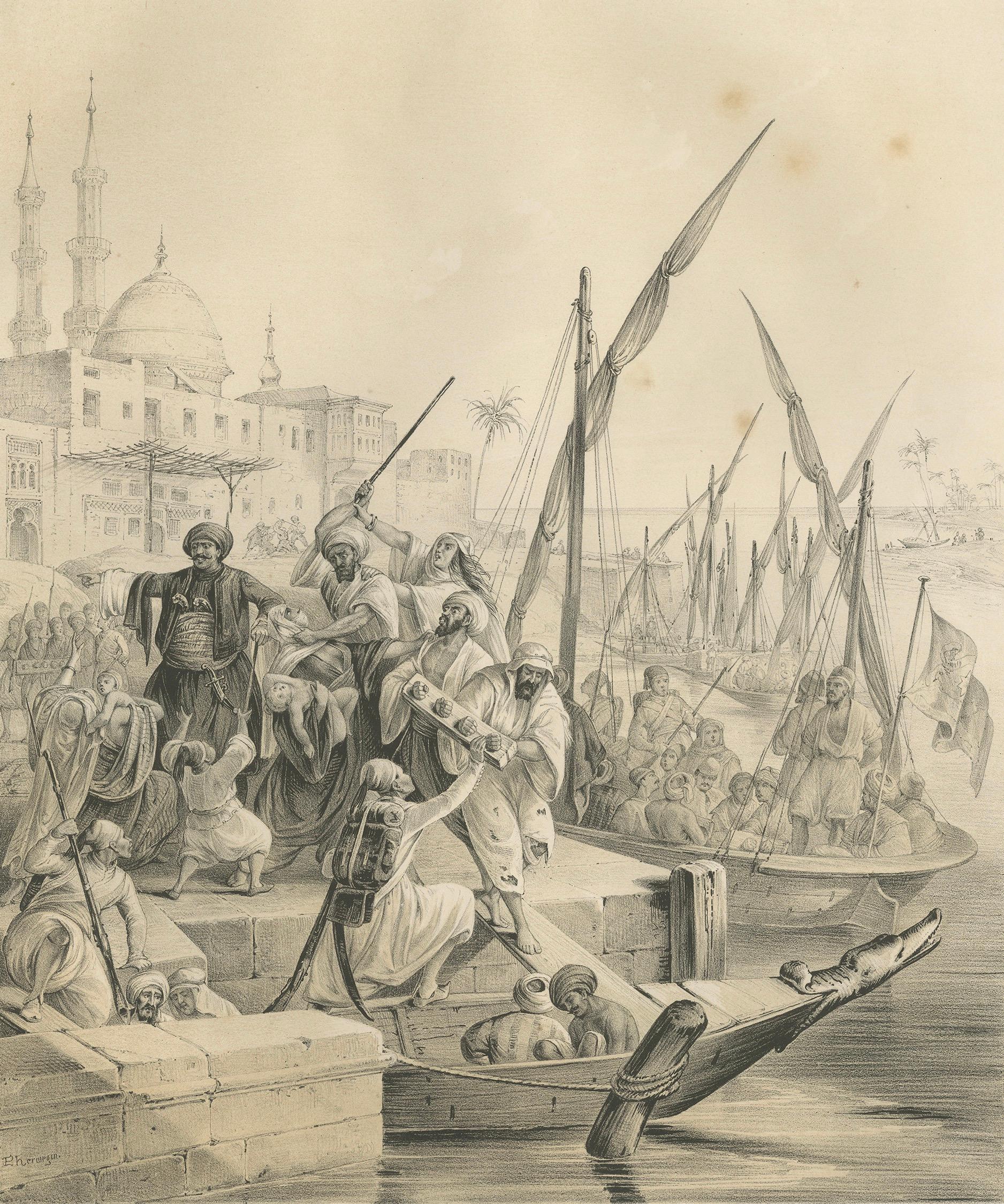 Antike ägyptische Armee Rekrutierung am Nilhafen von Maximilian, 1846 im Zustand „Gut“ im Angebot in Langweer, NL