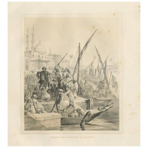 Antique Egyptian Army Recruitment at the Nile Harbor from Maximilian, 1846