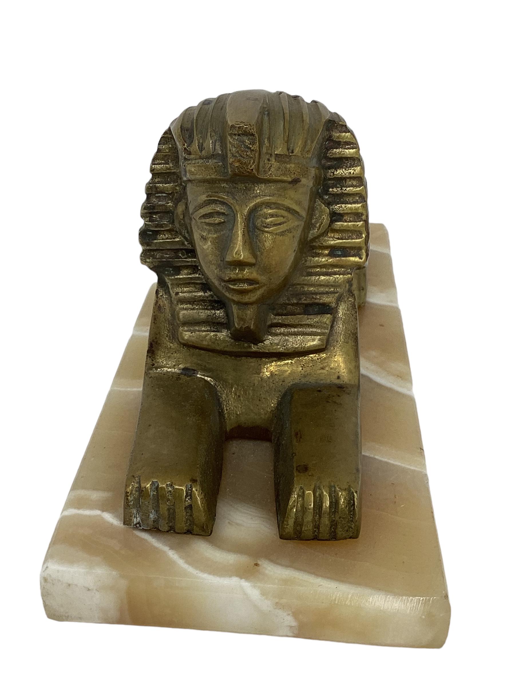 Antique Egyptian Brass Sphinx on Onyx Base  In Good Condition For Sale In Chapel Hill, NC