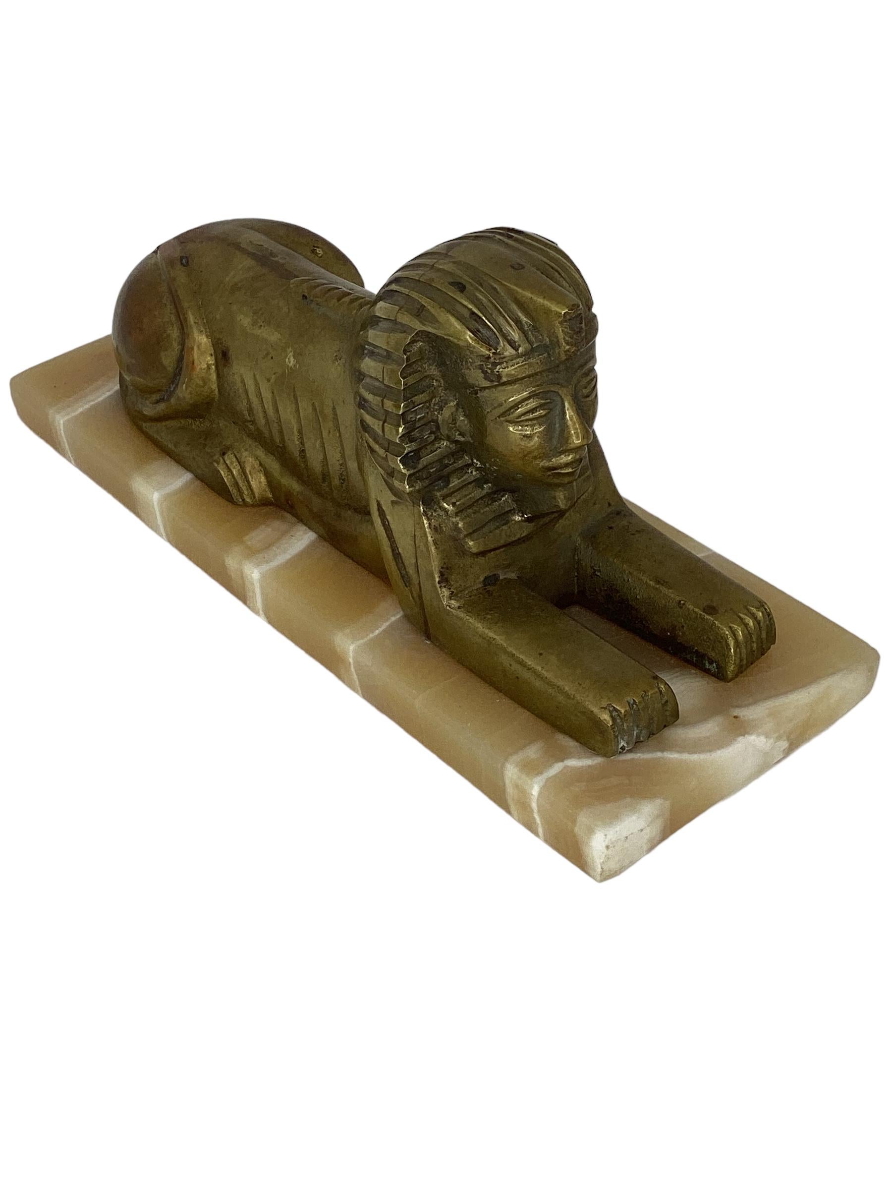 Antique Egyptian Brass Sphinx on Onyx Base  In Good Condition For Sale In Chapel Hill, NC