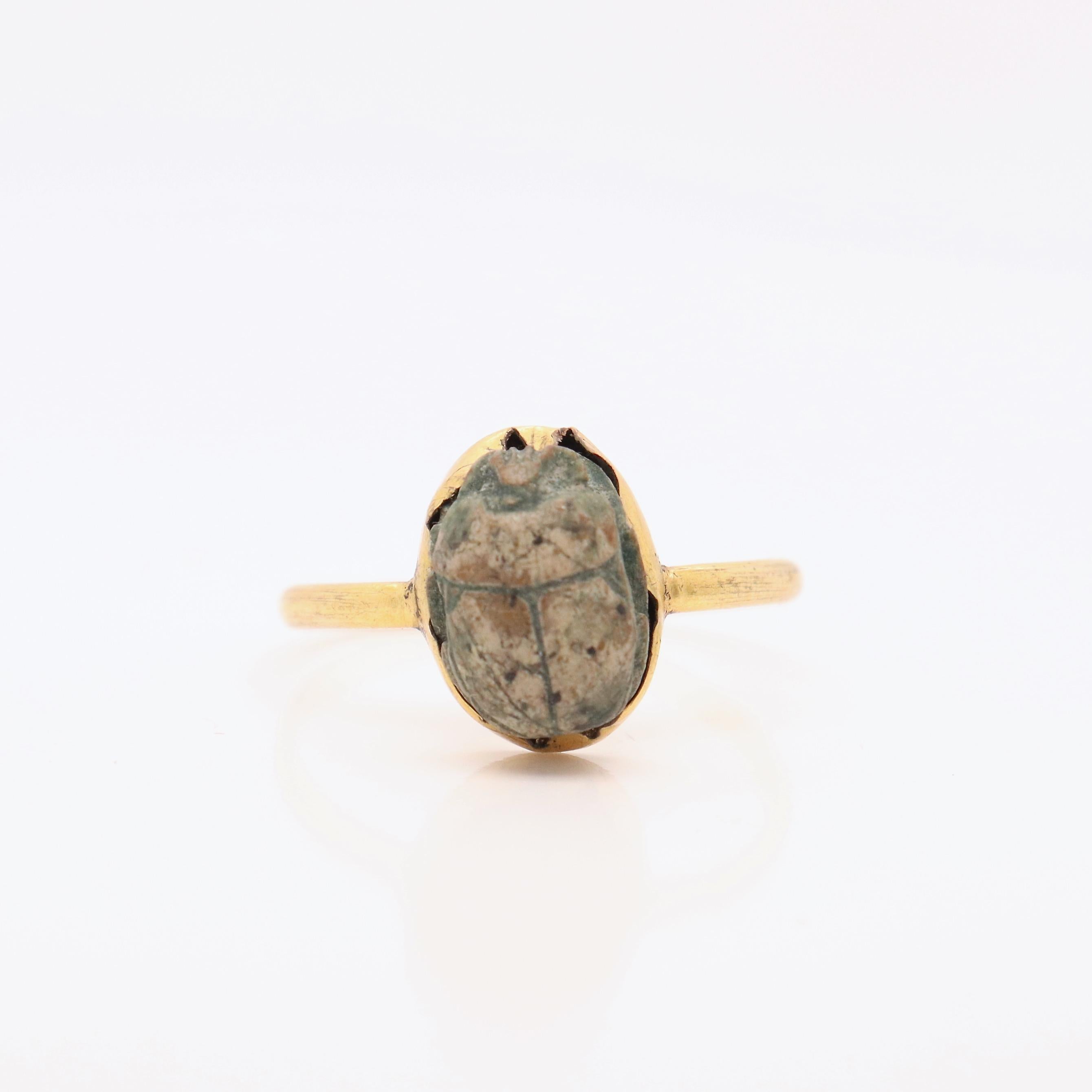 Antique Egyptian Gold & Faience Pottery Scarab Ring For Sale 3