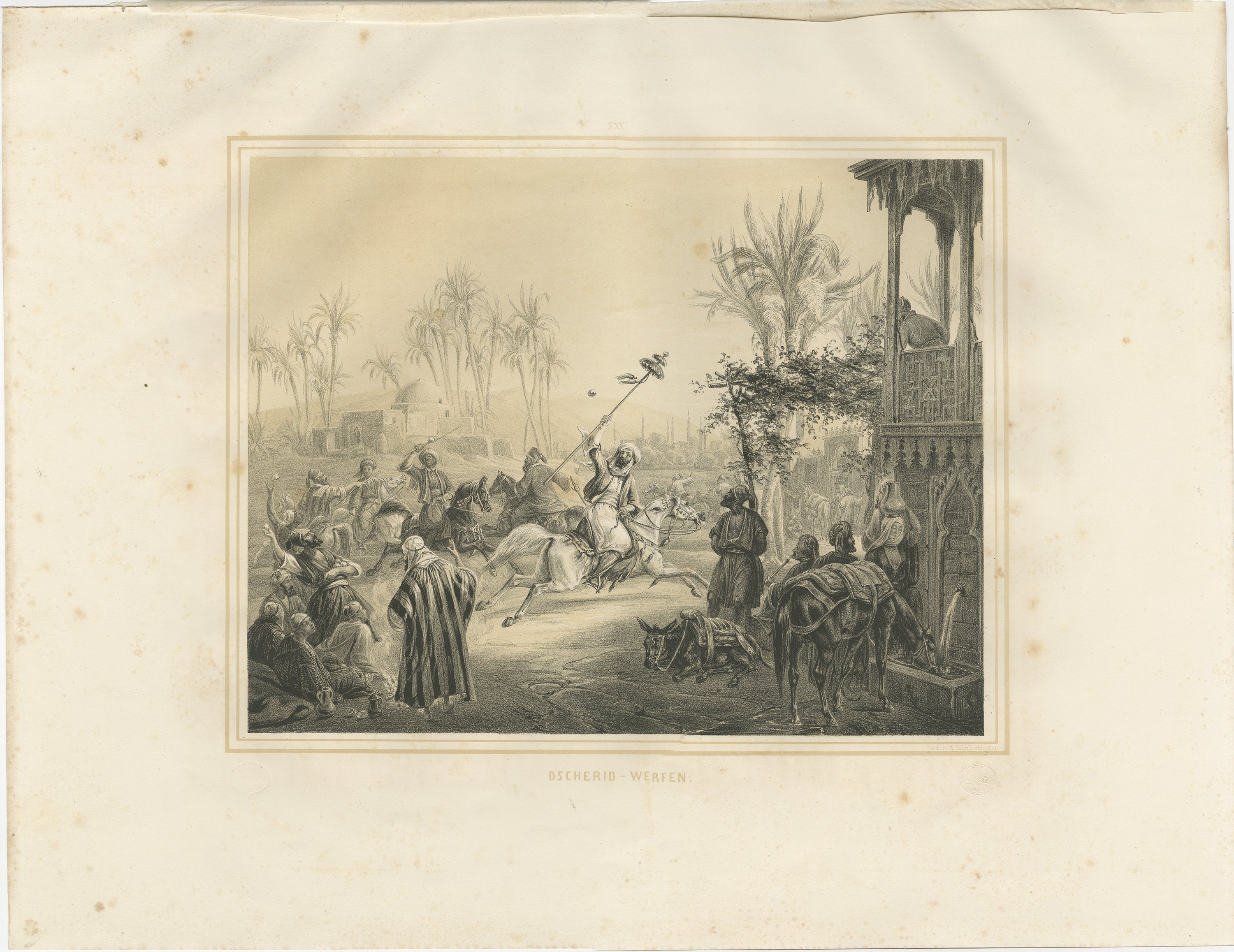 Antico gioco di cavalieri egiziani con giavellotto, scena di Maximilian, 1846

Questa incisione orientalista del XIX secolo, vibrante e piena di azione, raffigura un tradizionale gioco di lancio del giavellotto a cavallo in Egitto, uno spettacolo di
