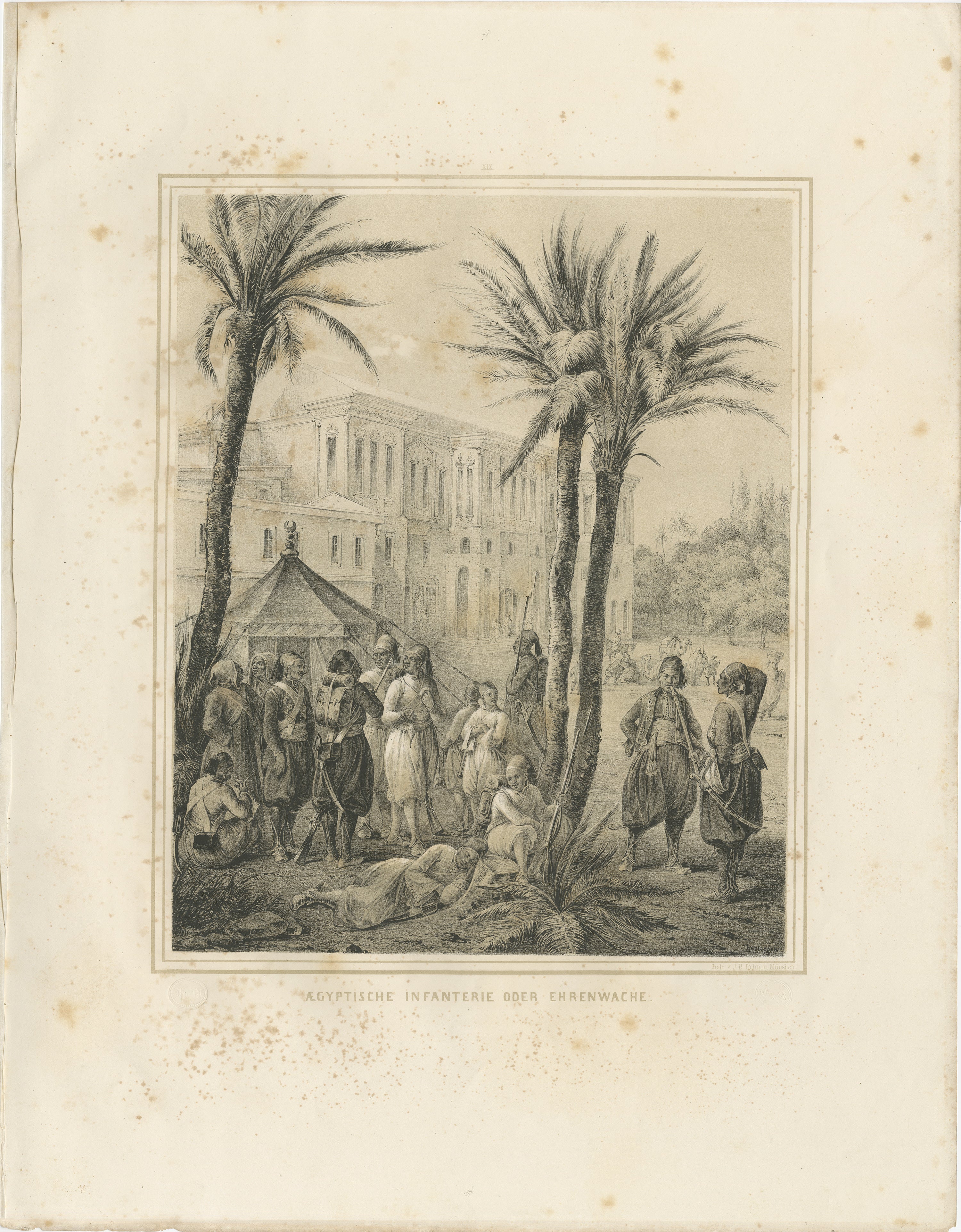 Antike ägyptische Infanterie-Garde-Szene aus Maximilian in Bayern, 1846

Dieser raffinierte und geschichtsträchtige orientalistische Stich aus dem 19. Jahrhundert zeigt eine ägyptische Infanterieeinheit, die als Ehrengarde dient und unter Palmen im