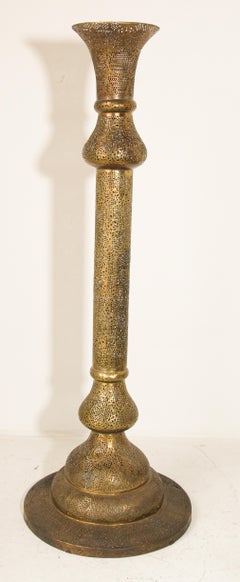 Monumental Middle Eastern Mamluk Revival Pierced Brass Floor Candlestick