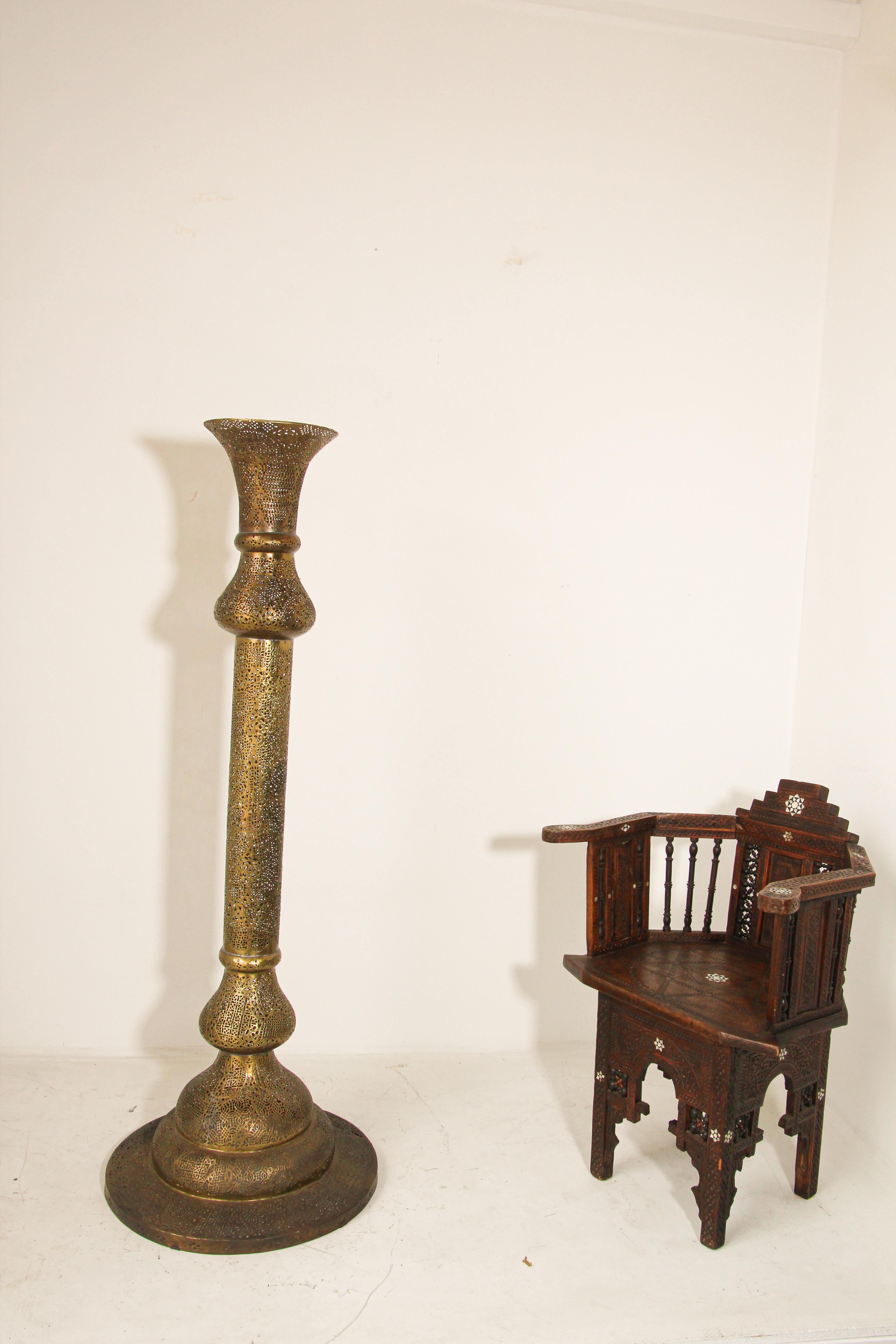 Hand-Carved Antique Egyptian Middle Eastern Brass Candleholder Floor Lamp For Sale