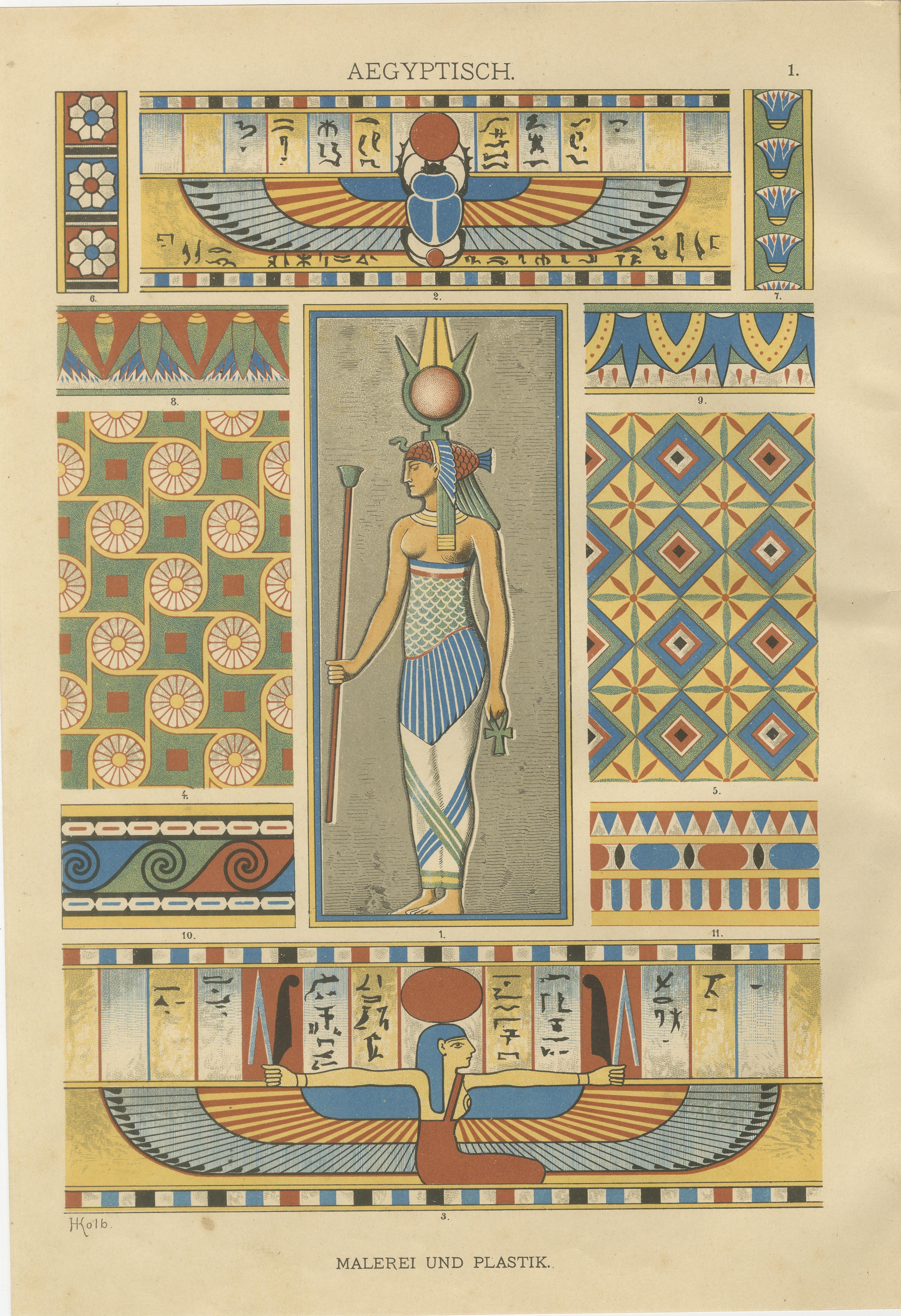 Antike ägyptische Ornamentdrucke mit mythologischen und architektonischen Details

Diese eindrucksvolle Komposition zeigt zwei handkolorierte Tafeln aus einem berühmten Designkompendium des 19. Jahrhunderts, das die Schönheit und Komplexität der