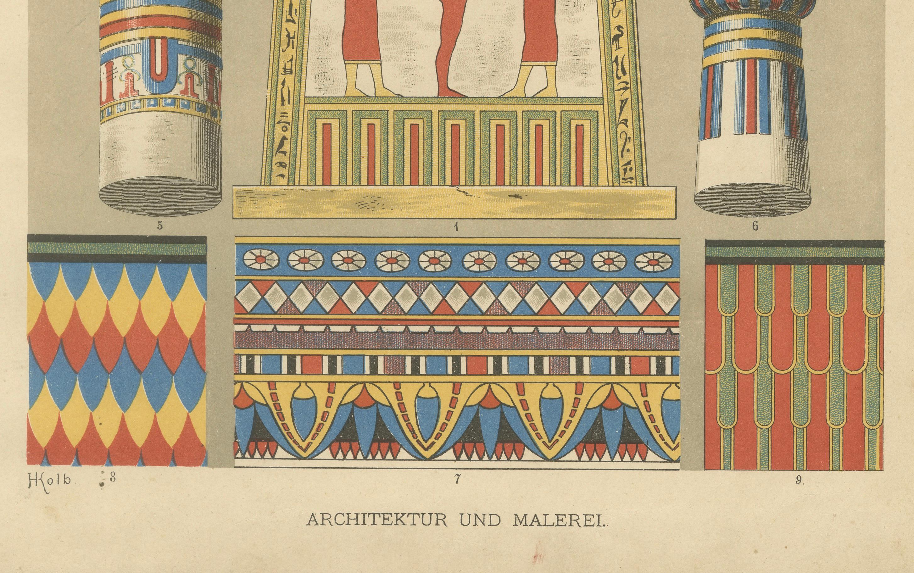 Antike ägyptische Ornamentdrucke mit mythologischen und architektonischen Details (Spätes 19. Jahrhundert) im Angebot