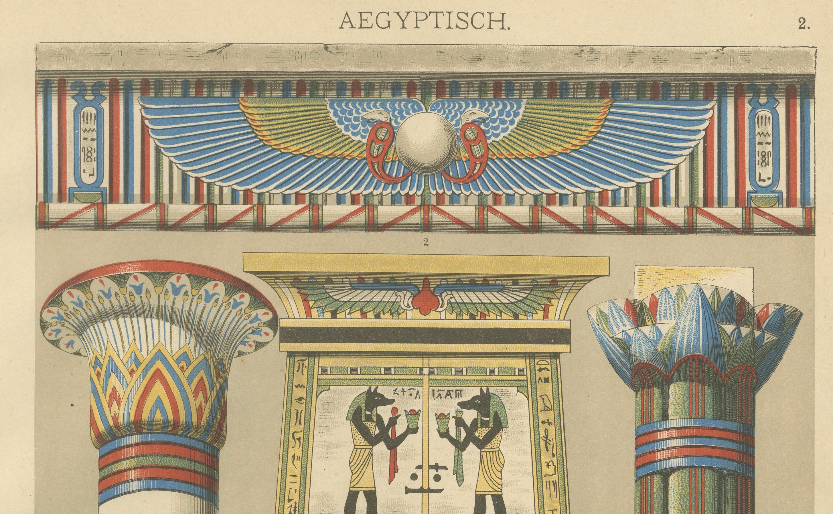 Antike ägyptische Ornamentdrucke mit mythologischen und architektonischen Details im Angebot 1