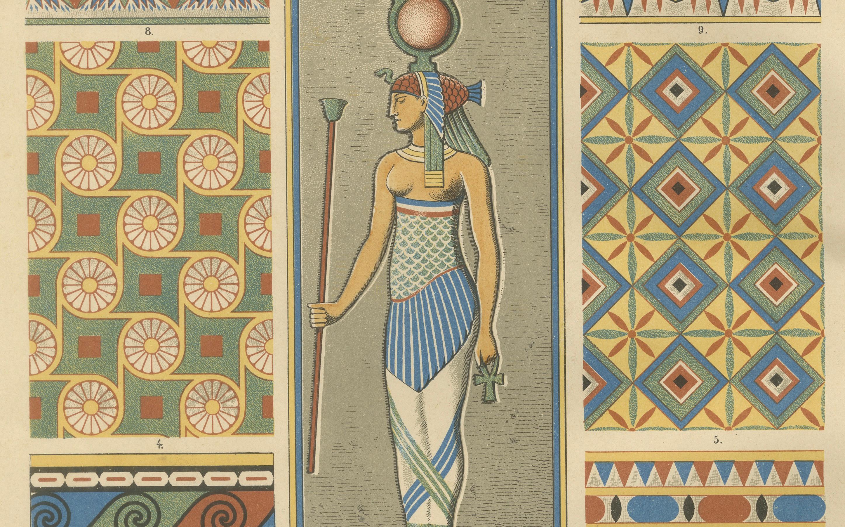 Antike ägyptische Ornamentdrucke mit mythologischen und architektonischen Details im Angebot 3