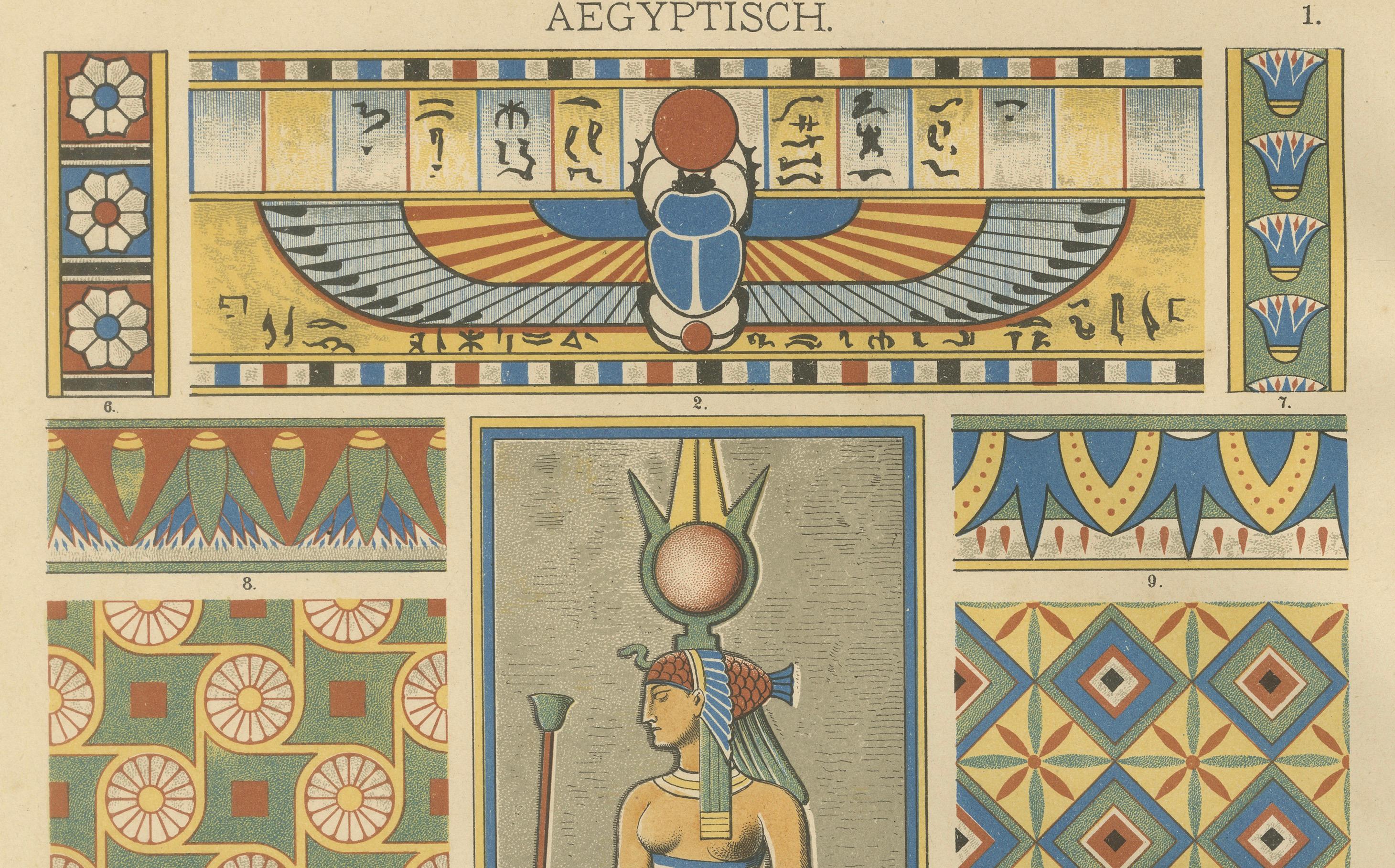 Antike ägyptische Ornamentdrucke mit mythologischen und architektonischen Details im Angebot 4