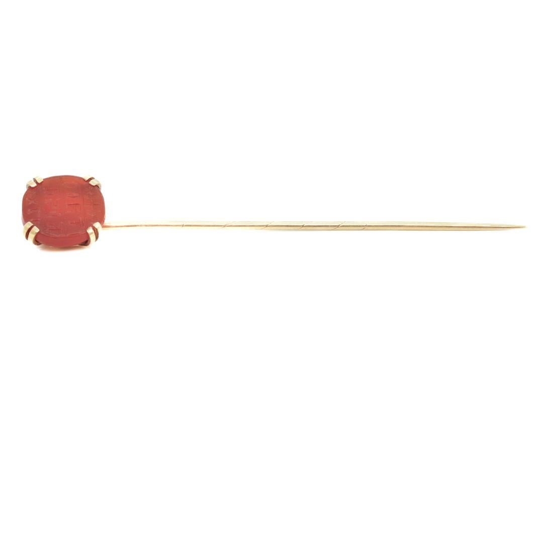 Antique Egyptian Revival 14k Gold & Carnelian Cabochon Stick Pin w/ Hierogylphs For Sale 4