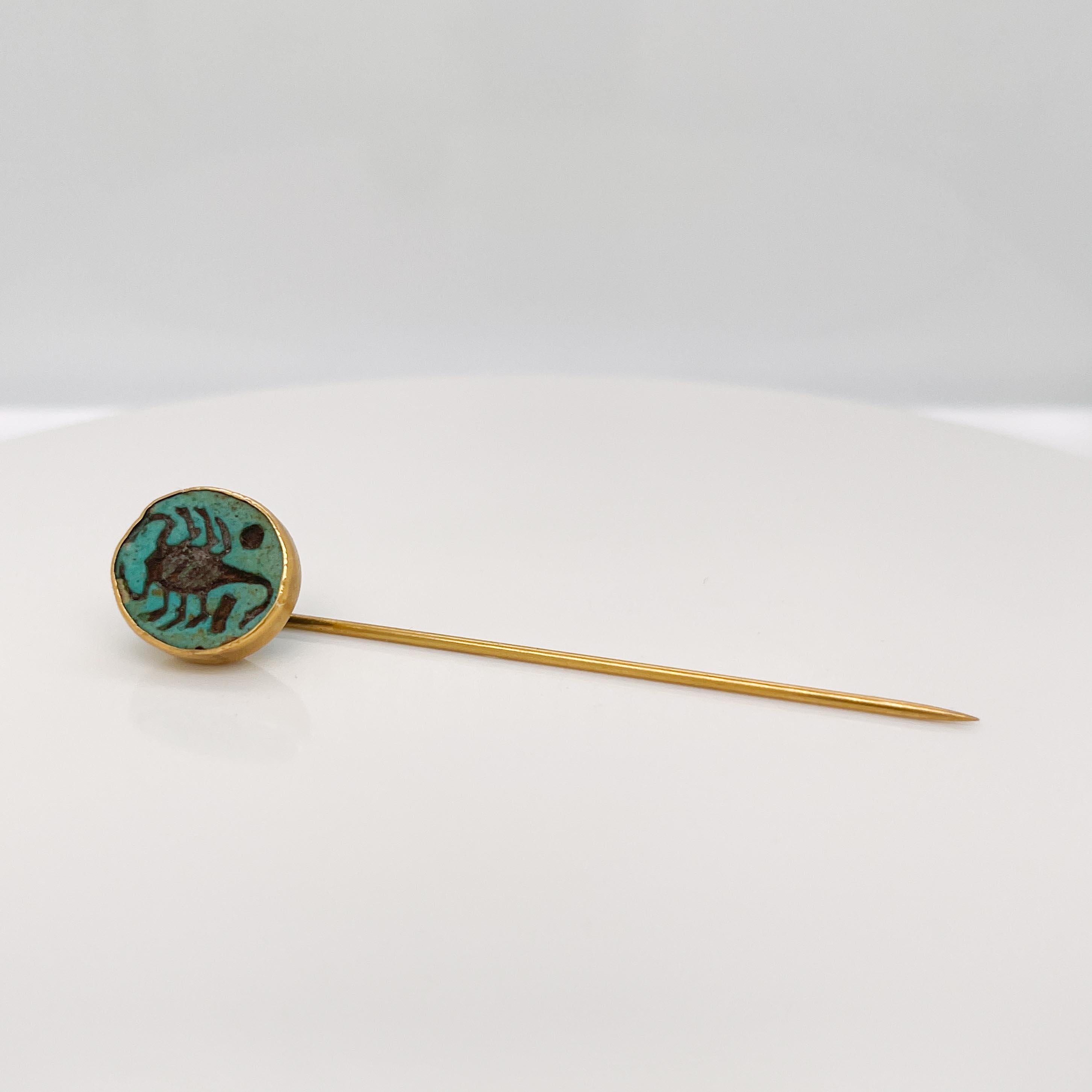 Antique Egyptian Revival 14K Gold & Faience Scorpion Stick Pin In Good Condition In Philadelphia, PA