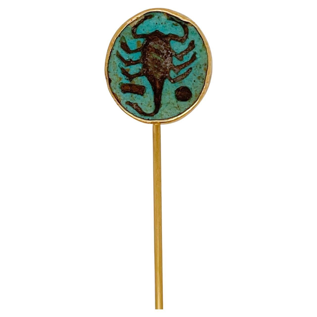 Antique Egyptian Revival 14K Gold & Faience Scorpion Stick Pin