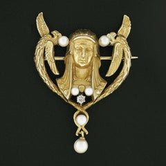 Antique Egyptian Revival 14k Gold Pharaoh & Bird Diamond Pearl Dangle Pin Brooch