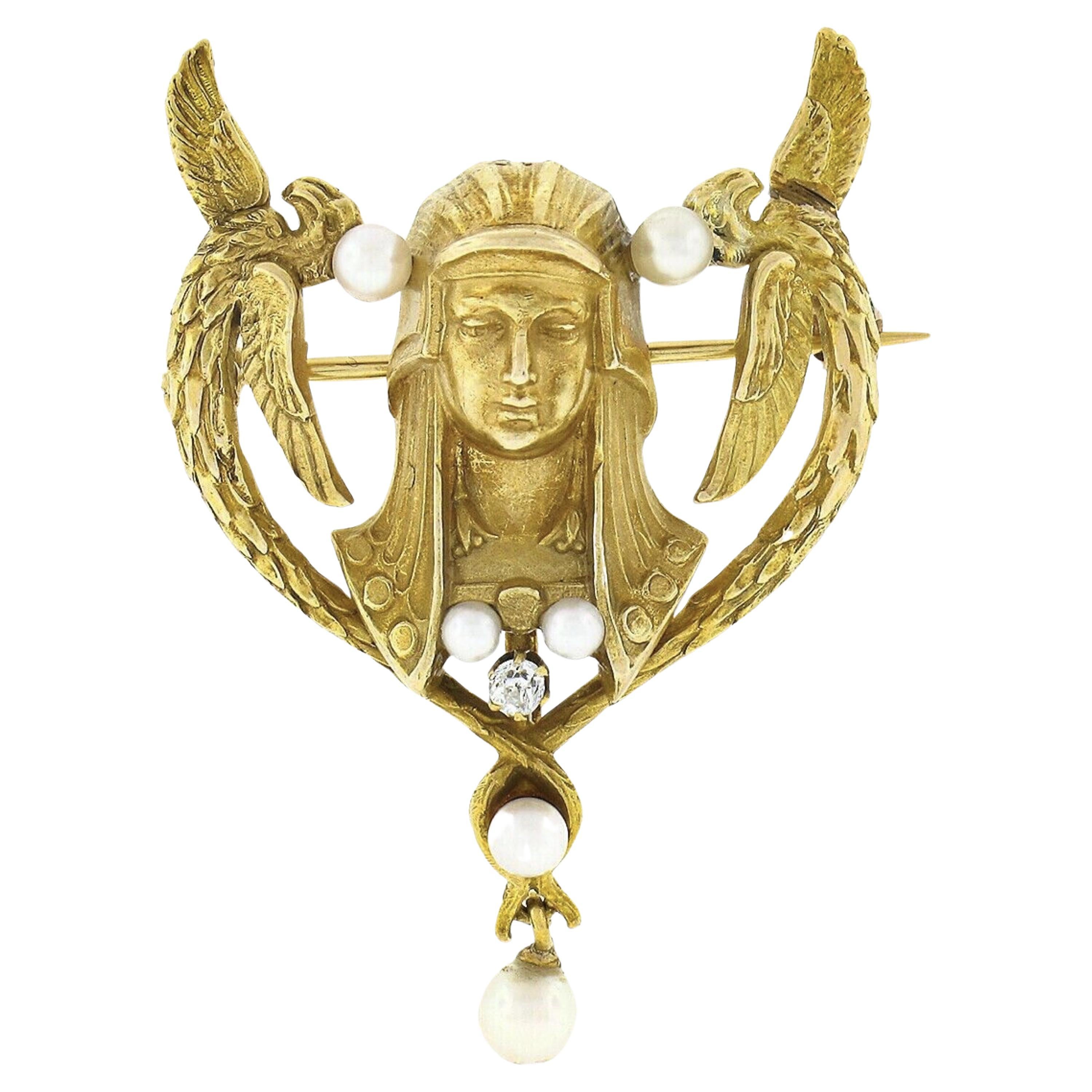 Antique Egyptian Revival 14k Gold Pharaoh & Bird Diamond Pearl Dangle Pin Brooch