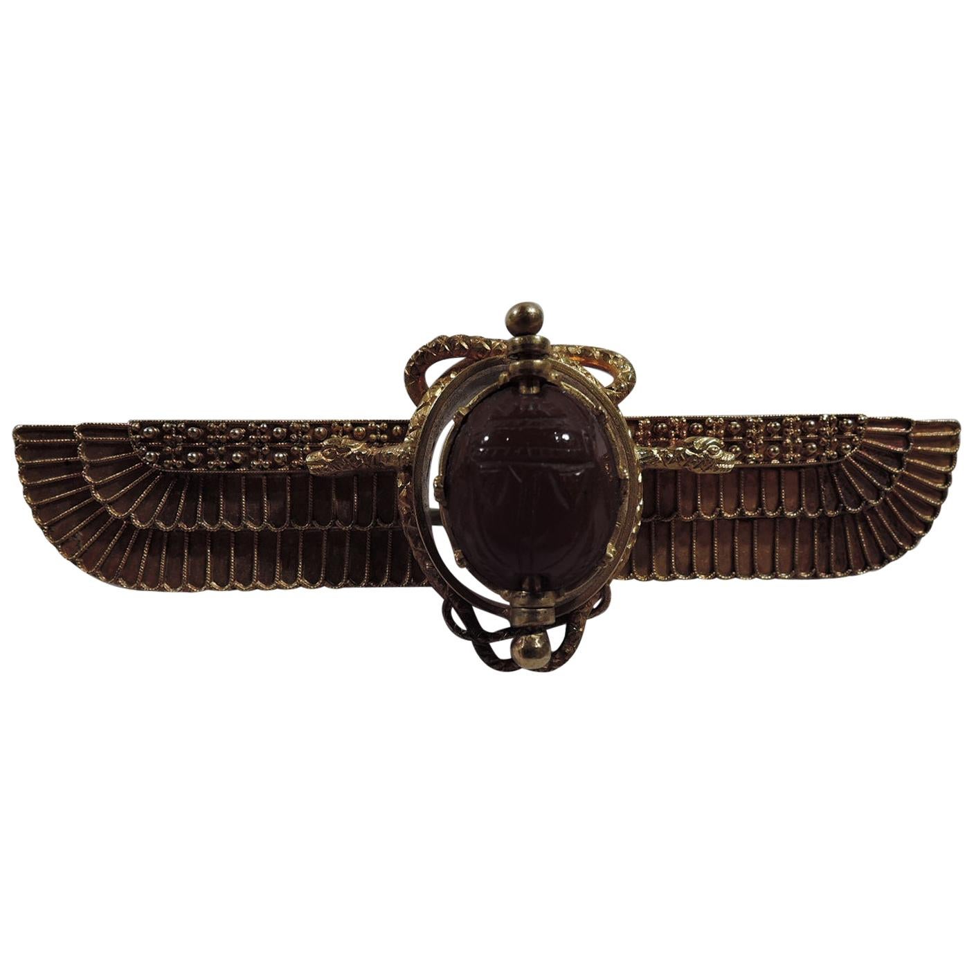 Antique Egyptian-Revival 18 Karat Gold Winged Sun Brooch with Scarab For Sale