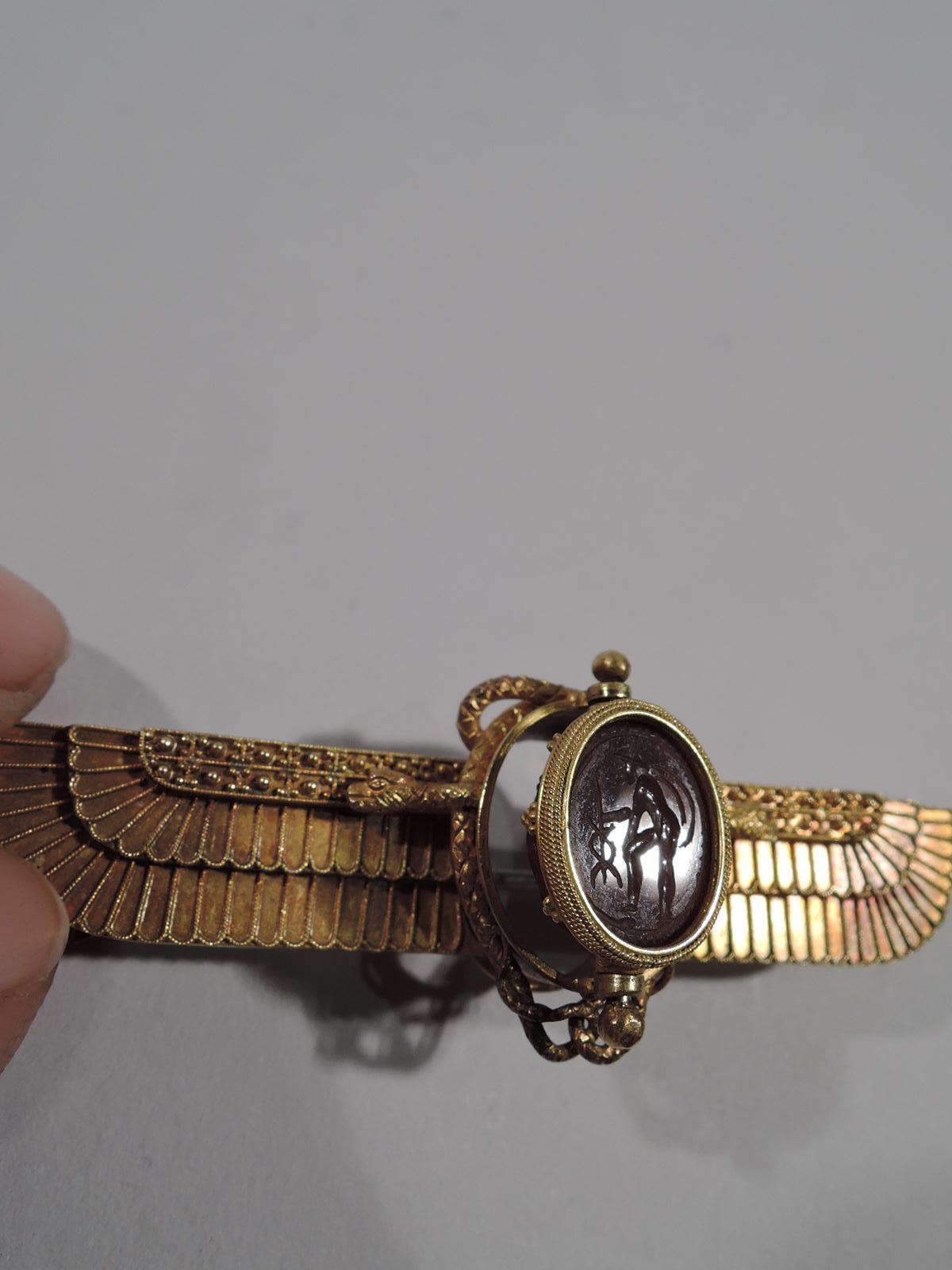 Women's Antique Egyptian-Revival 18 Karat Gold Winged Sun Brooch with Scarab For Sale