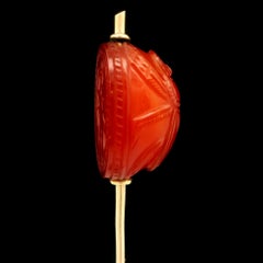 Antique Egyptian Revival 18k Yellow Gold Carved Scarab Carnelian Long Stick Pin