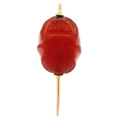 Antique Egyptian Revival 18k Yellow Gold Carved Scarab Carnelian Long Stick Pin