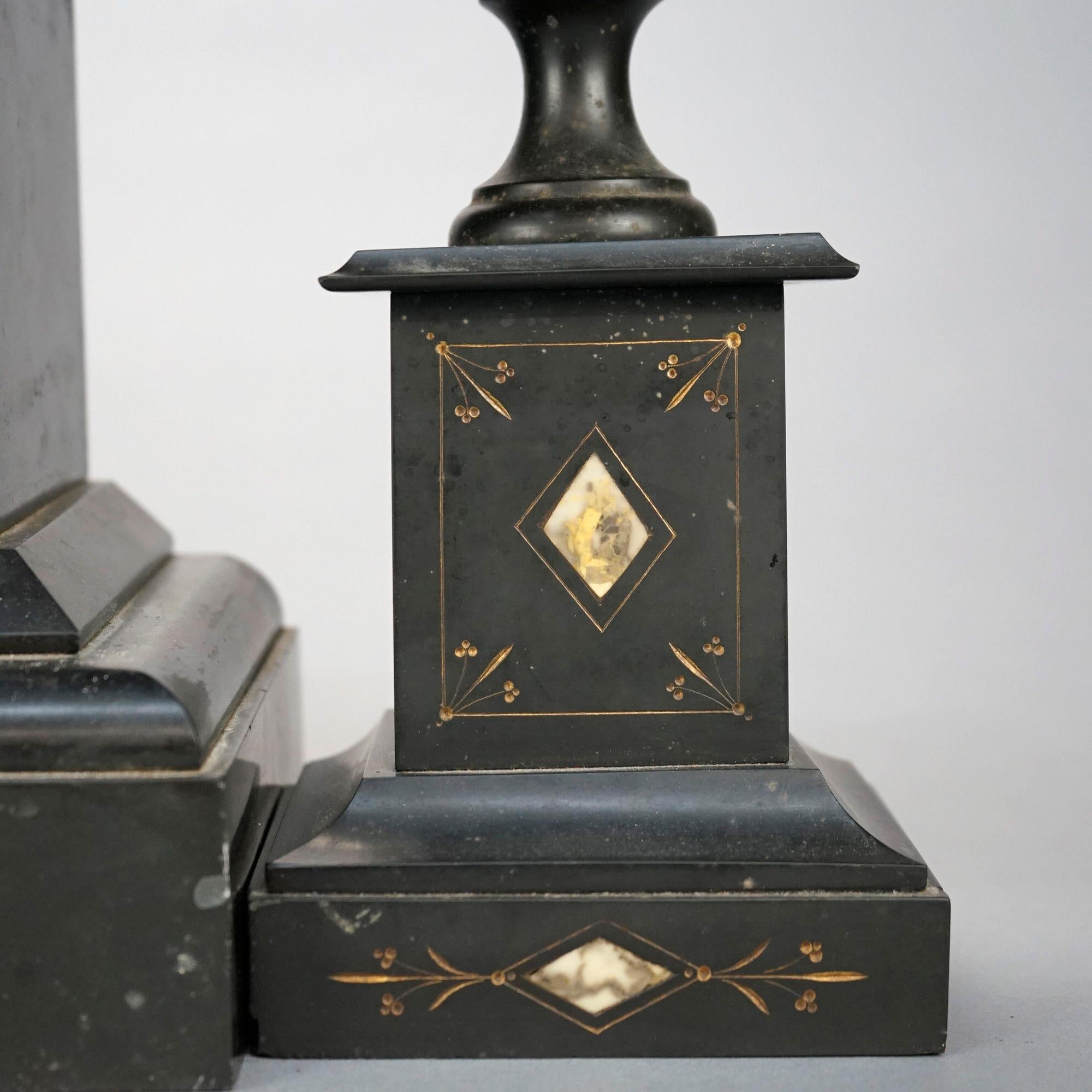 Antique Egyptian Revival 3-Piece Slate & Marble Open Escapement Clock Set, 19thC 7