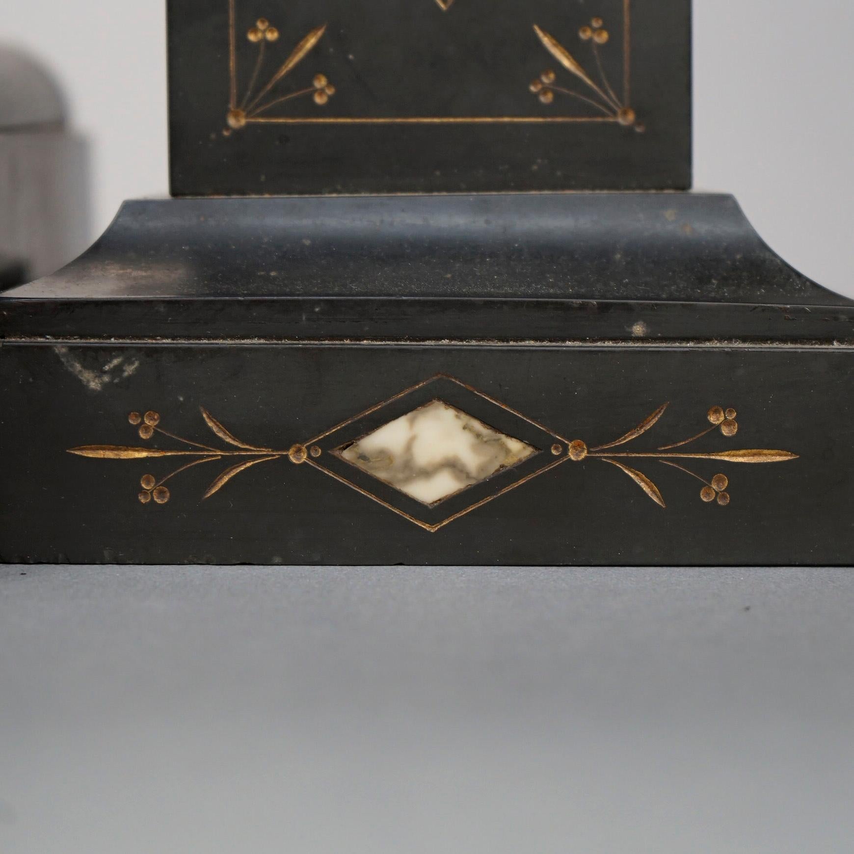 Antique Egyptian Revival 3-Piece Slate & Marble Open Escapement Clock Set, 19thC 10