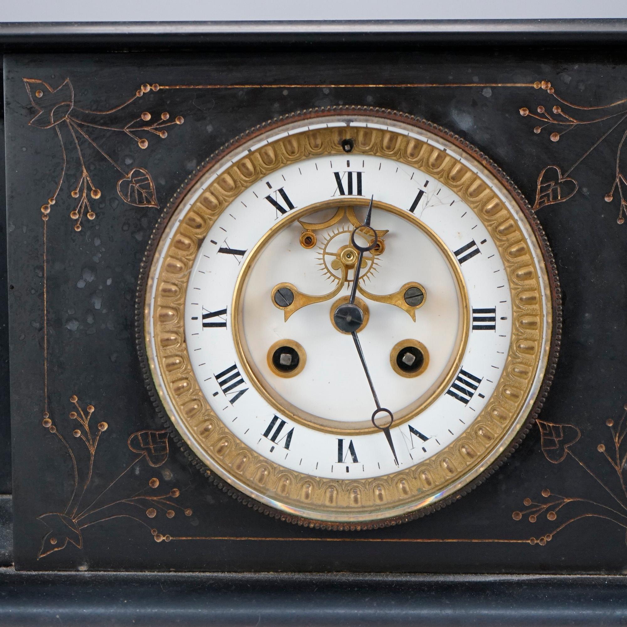 Antique Egyptian Revival 3-Piece Slate & Marble Open Escapement Clock Set, 19thC 1