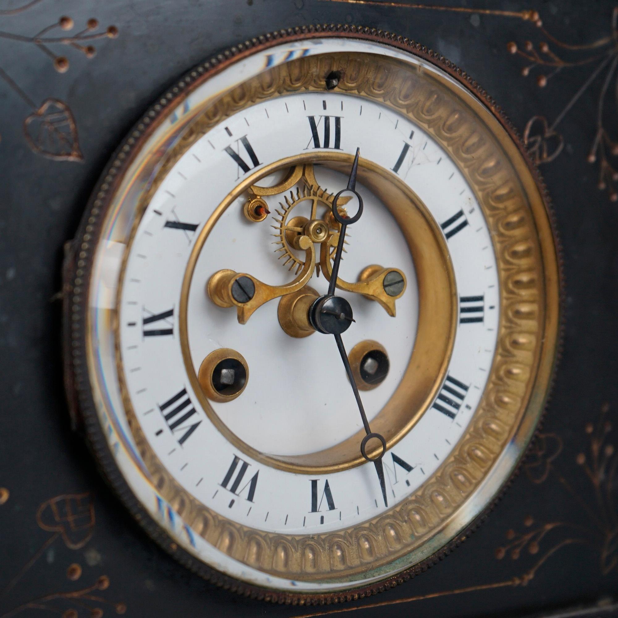 Antique Egyptian Revival 3-Piece Slate & Marble Open Escapement Clock Set, 19thC 2