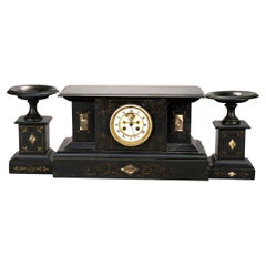Antique Egyptian Revival 3-Piece Slate & Marble Open Escapement Clock Set, 19thC