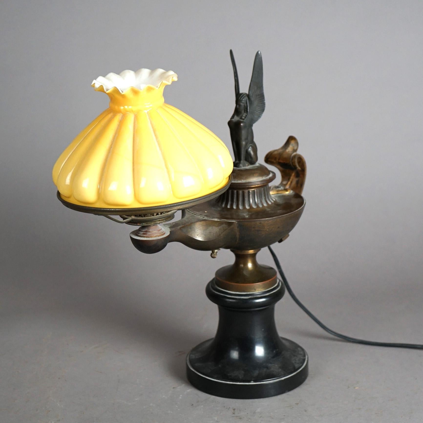 American Antique Egyptian Revival Aladdin Form Figural Phoenix Desk Lamp, Early 20thC For Sale