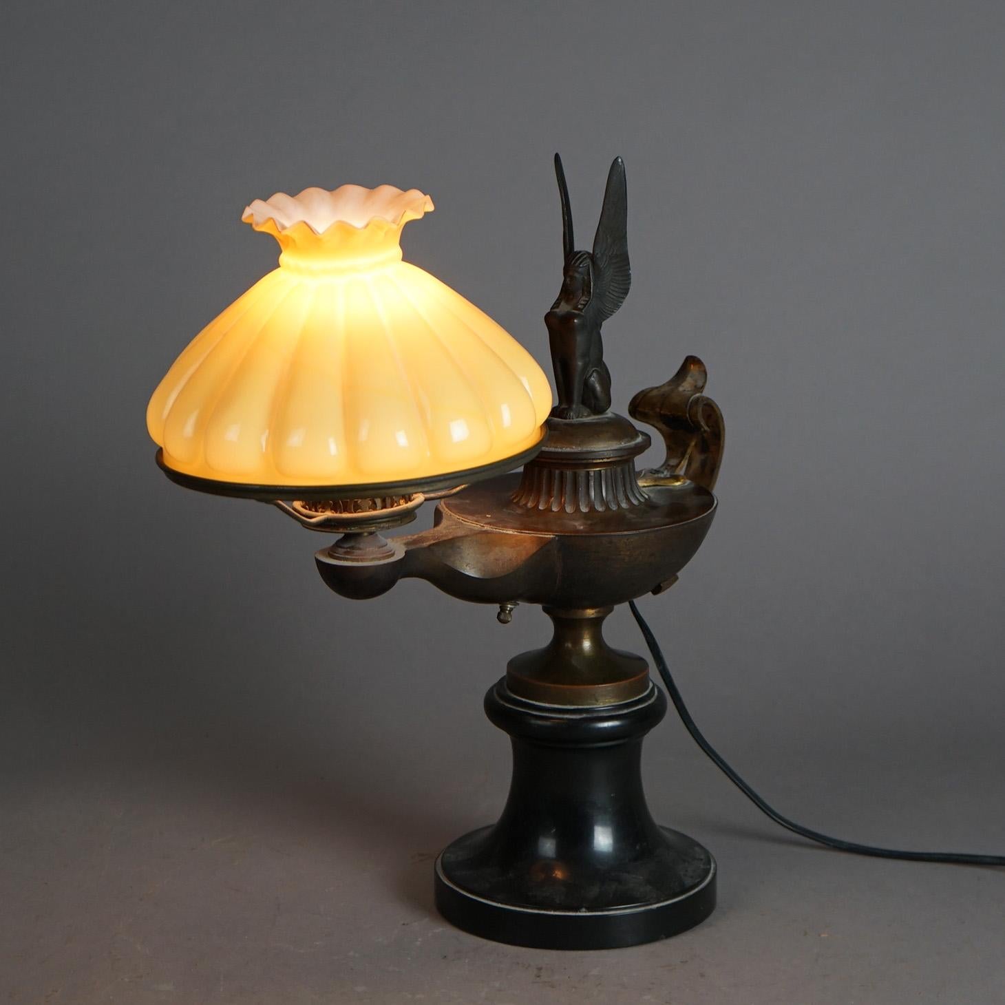 Antique Egyptian Revival Aladdin Form Figural Phoenix Desk Lamp, Early 20thC In Good Condition For Sale In Big Flats, NY