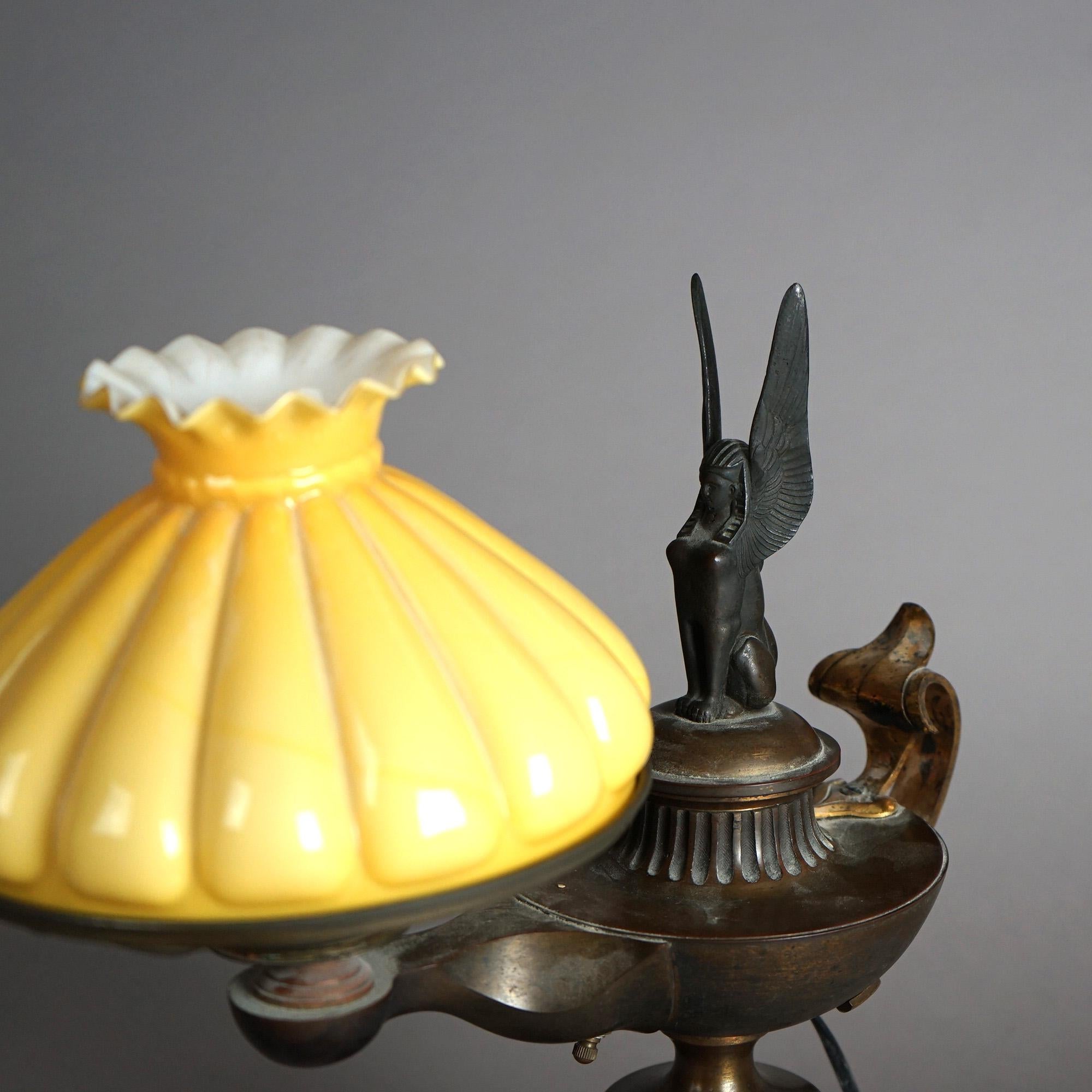 Metal Antique Egyptian Revival Aladdin Form Figural Phoenix Desk Lamp, Early 20thC For Sale