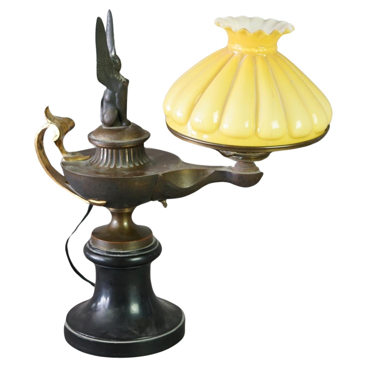 Antique Egyptian Revival Aladdin Form Figural Phoenix Desk Lamp, Early 20thC For Sale