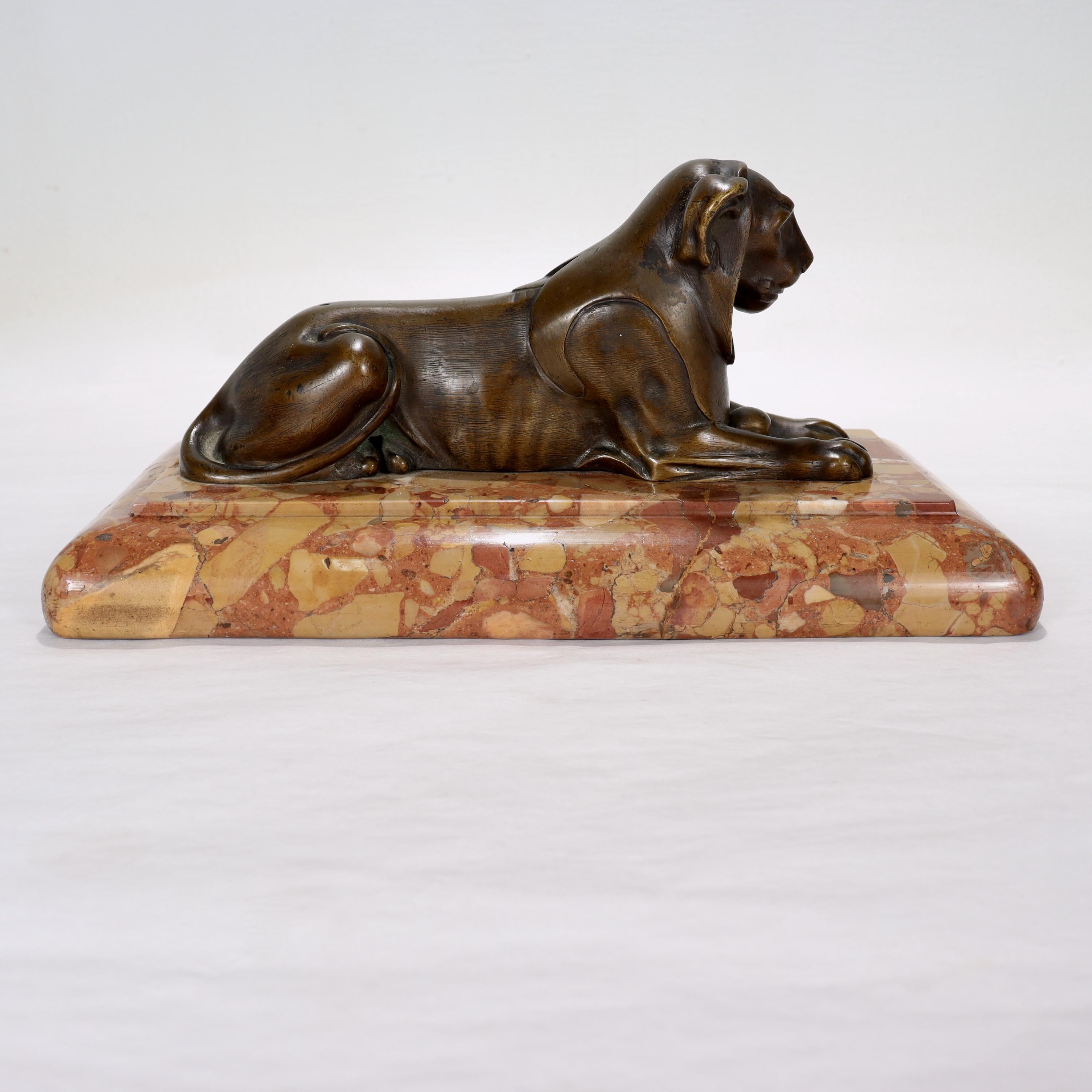19th Century Antique Egyptian Revival Bronze Sculpture of a Lion on a Marble Plinth For Sale