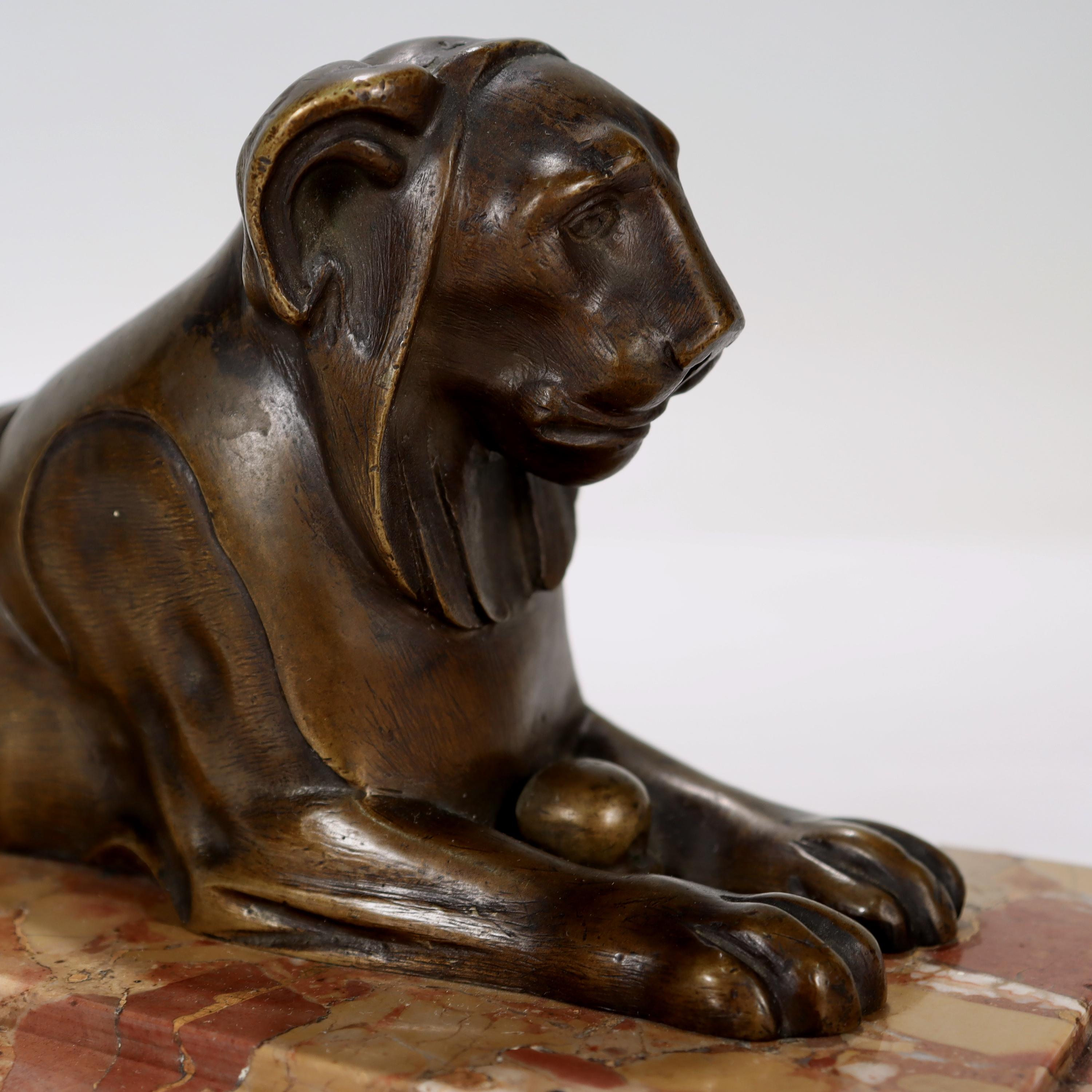 Antique Egyptian Revival Bronze Sculpture of a Lion on a Marble Plinth For Sale 1