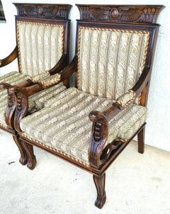Antique Egyptian Revival Carved Cobra & Isis Wings Armchairs, a Pair
