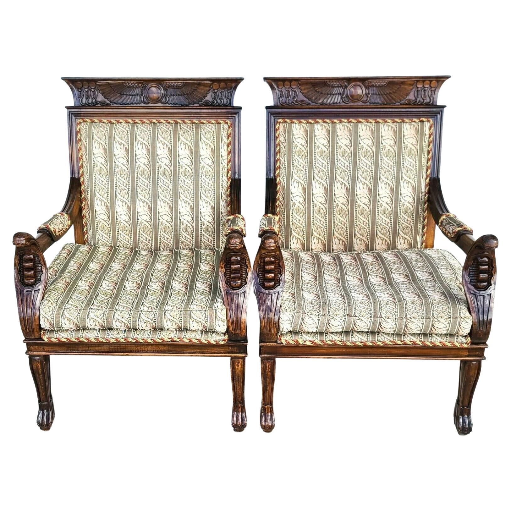 Antique Egyptian Revival Carved Cobra & Isis Wings Mahogany Armchairs, a Pair For Sale